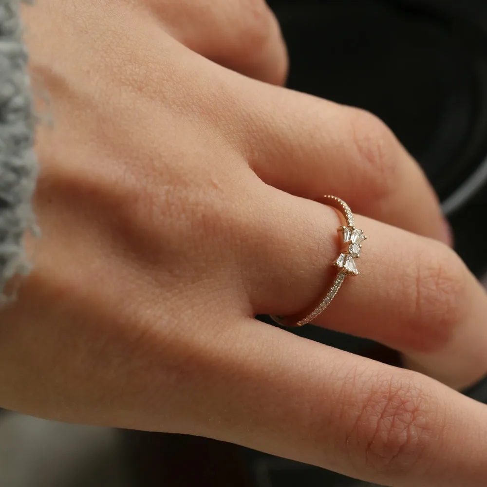 14k Baguette and Round Diamond Bow Ring
