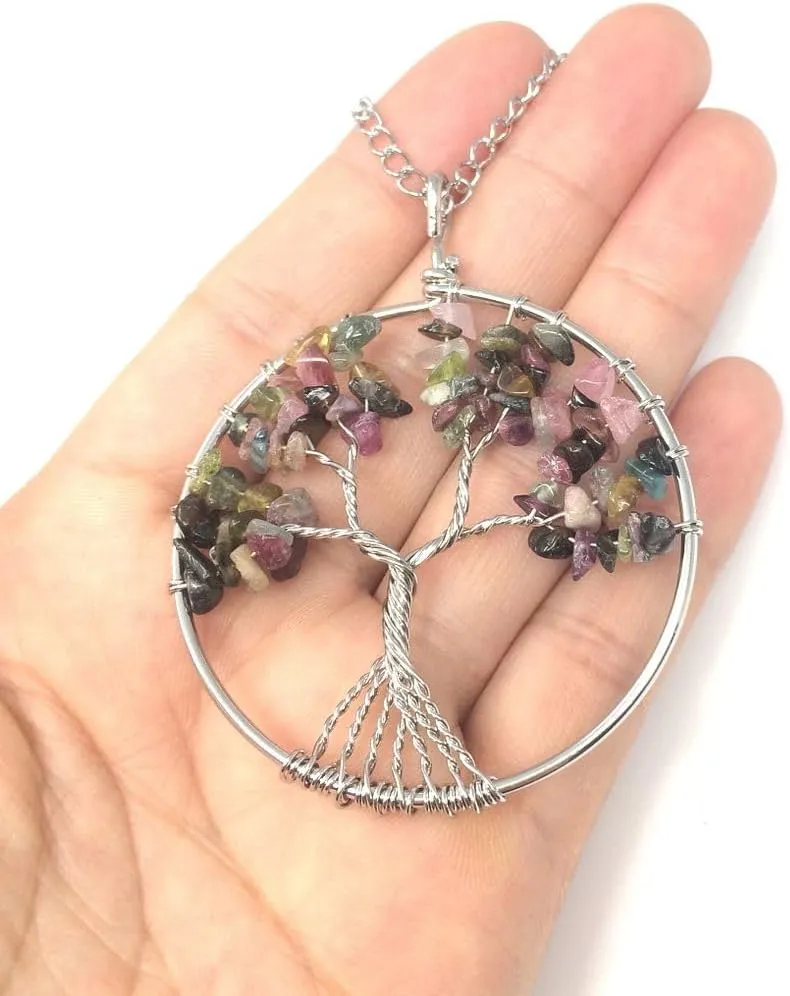 1pc Tree of Life Gemstone Pendant Necklace Symbol of Growth Rebirth 26 Inch 30 Inch Chakras Crystal Stones Stainless Steel Chain Tarnish Resistant Women Men Jewelry