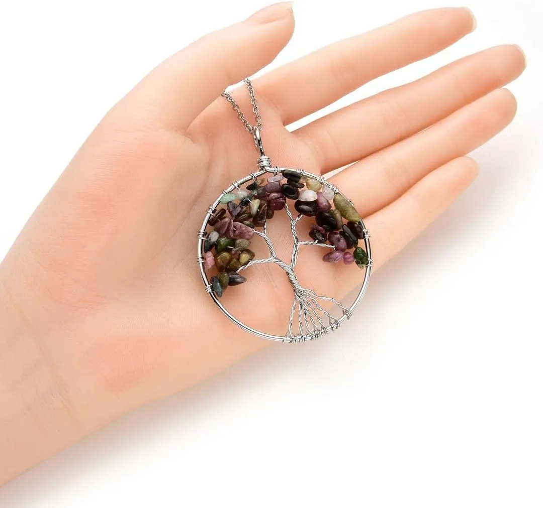 1pc Tree of Life Gemstone Pendant Necklace Symbol of Growth Rebirth 26 Inch 30 Inch Chakras Crystal Stones Stainless Steel Chain Tarnish Resistant Women Men Jewelry