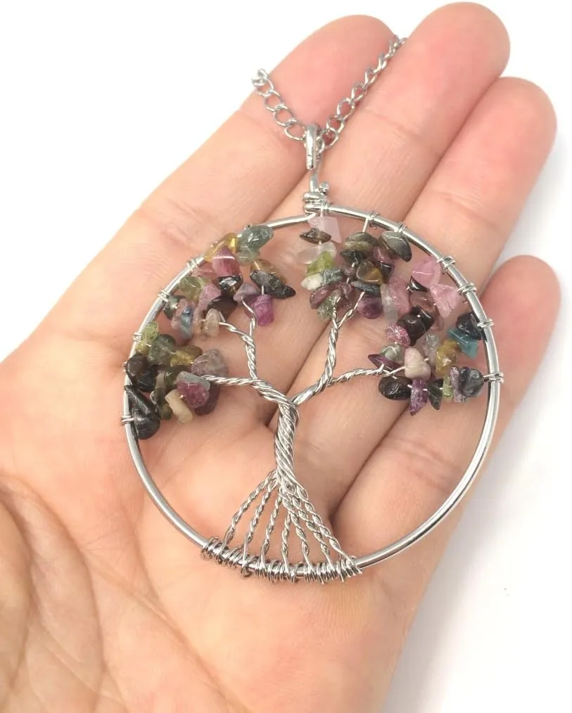 1pc Tree of Life Gemstone Pendant Necklace Symbol of Growth Rebirth 26 Inch 30 Inch Chakras Crystal Stones Stainless Steel Chain Tarnish Resistant Women Men Jewelry