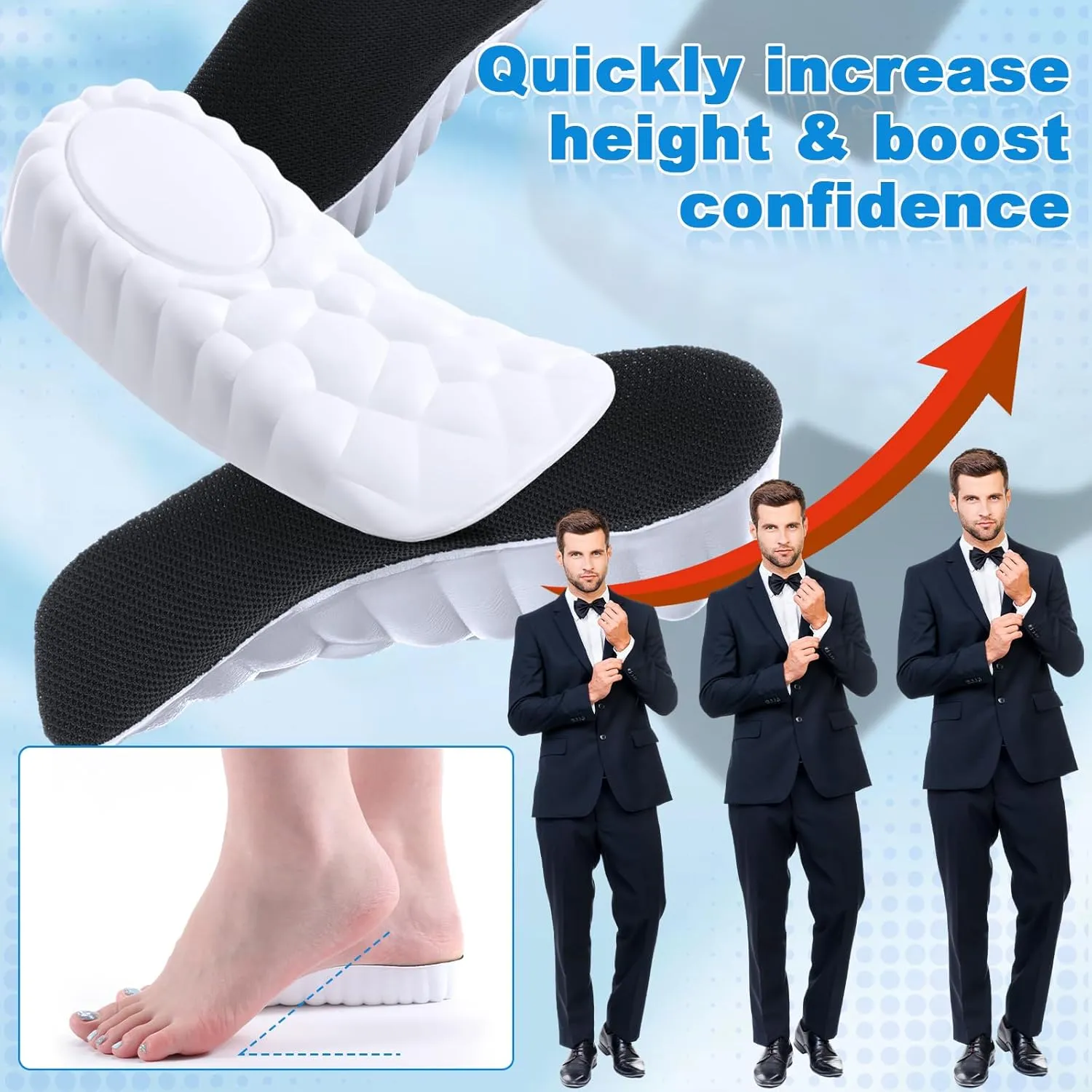 3 Pairs Orthopedic High Pads Height Increase Insoles Arch Support Insoles Height Boosters Cushions for Men, Women(Black,1.4 Inch)