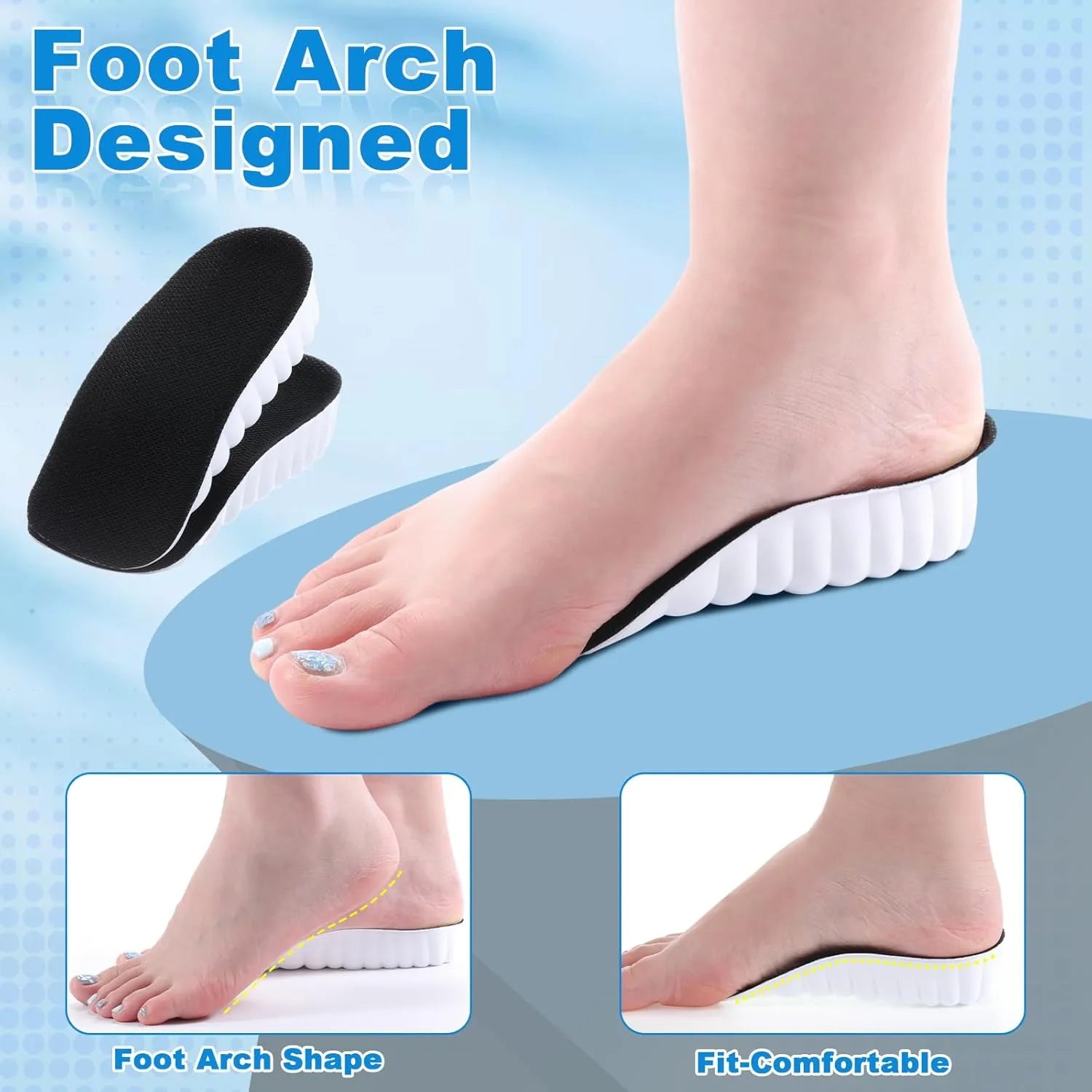 3 Pairs Orthopedic High Pads Height Increase Insoles Arch Support Insoles Height Boosters Cushions for Men, Women(Black,1.4 Inch)