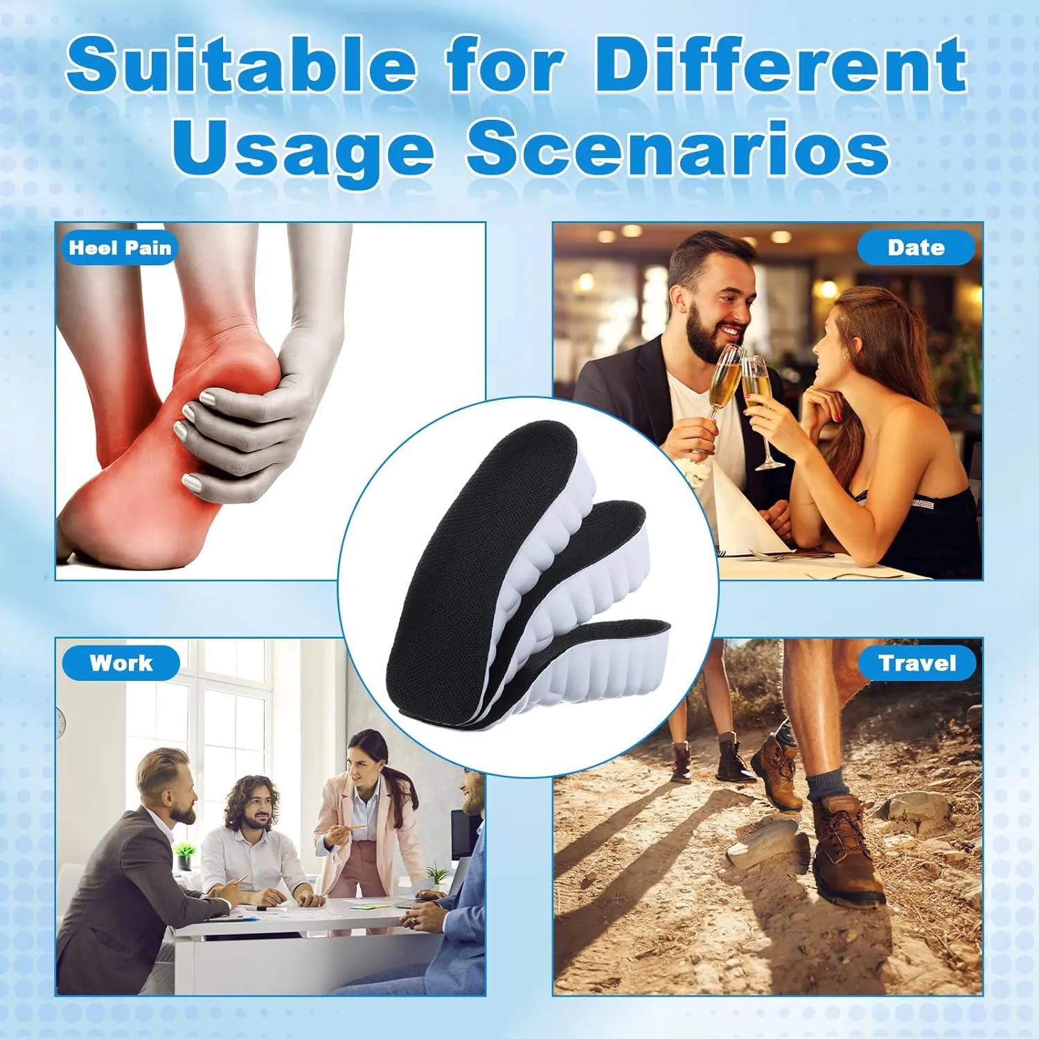 3 Pairs Orthopedic High Pads Height Increase Insoles Arch Support Insoles Height Boosters Cushions for Men, Women(Black,1.4 Inch)
