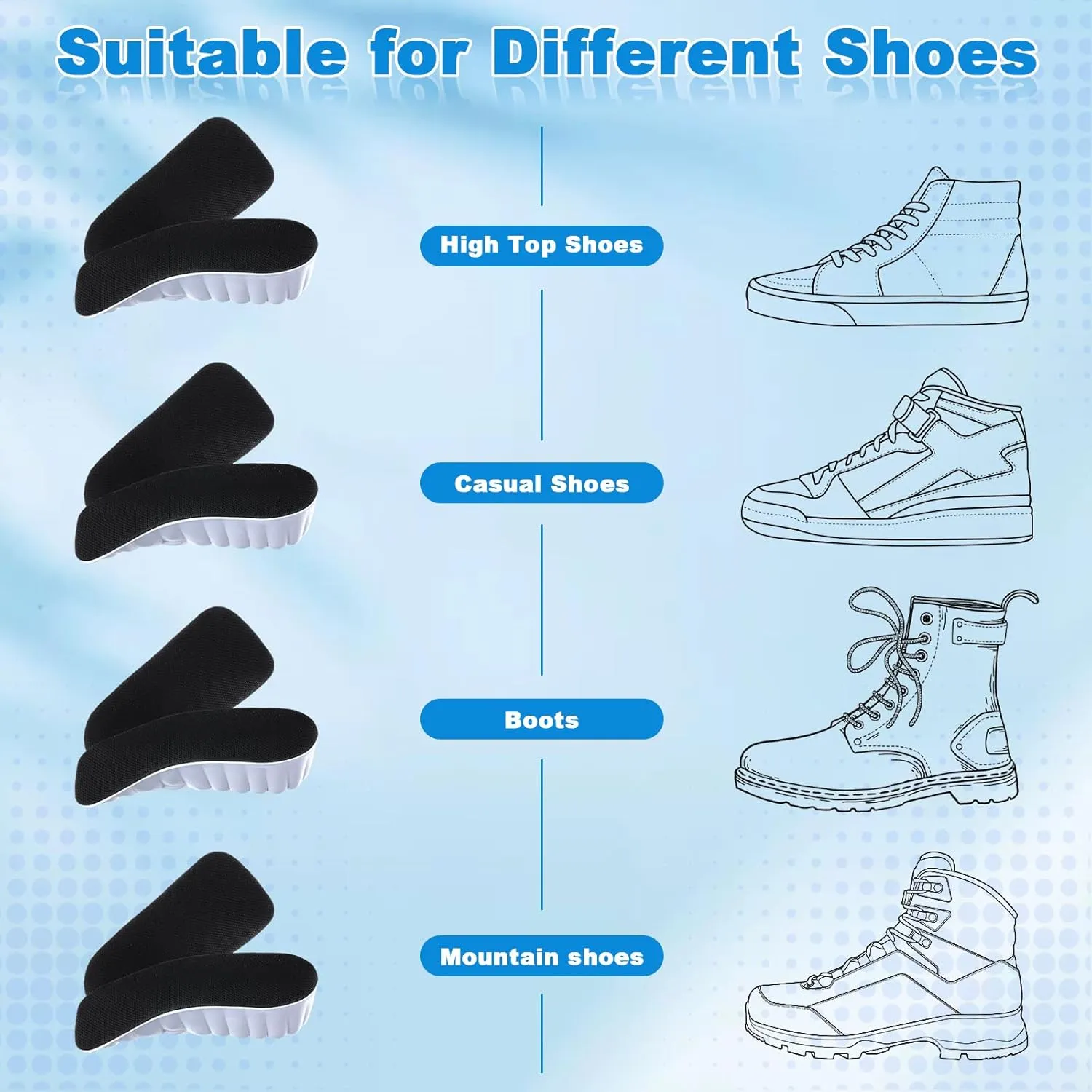 3 Pairs Orthopedic High Pads Height Increase Insoles Arch Support Insoles Height Boosters Cushions for Men, Women(Black,1.4 Inch)