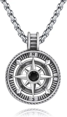 925 Sterling Silver Compass Pendant Necklace with Stainless Steel Chain