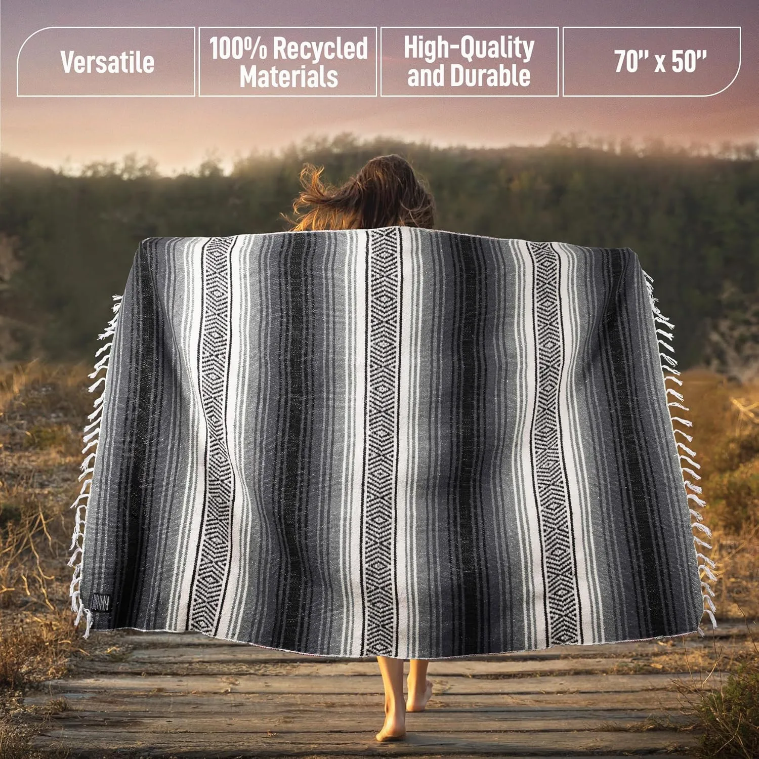 Authentic Extra Large Mexican Blanket - 70"x50" Handwoven Yoga, Serape, Artisanal Falsa, Beach, Camping, Picnic, Outdoor Blanket (Oxford)
