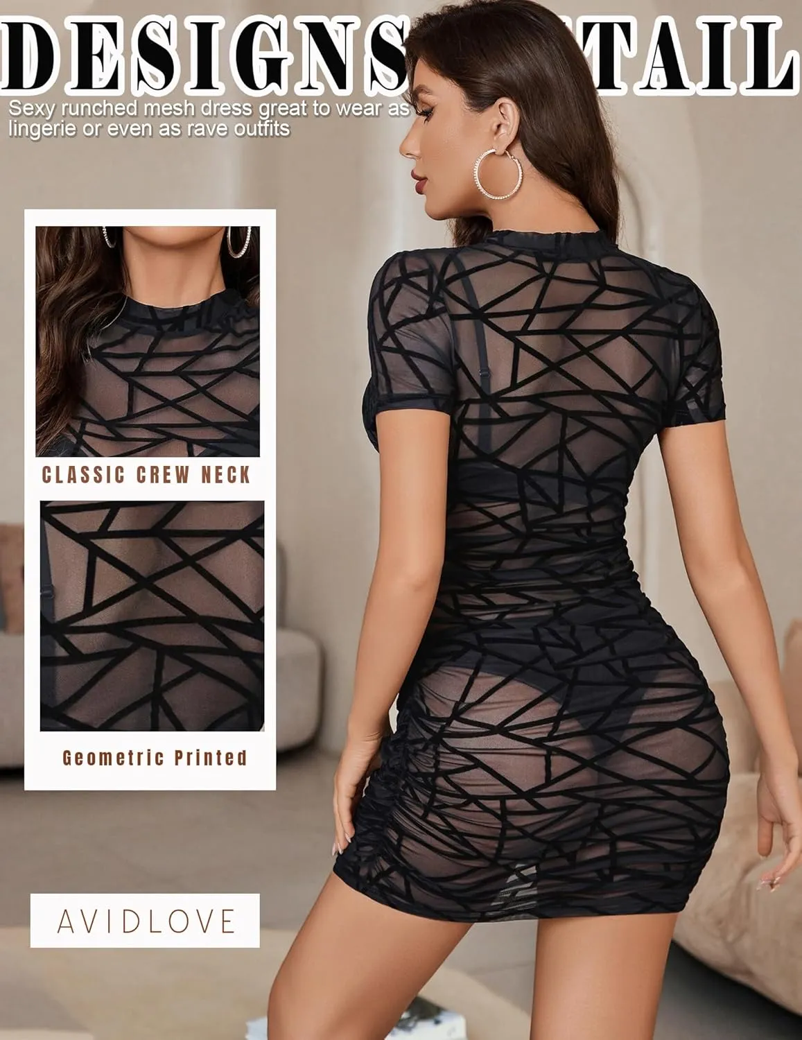 Avidlove Women's Mesh Dress Bodycon Mini Lingerie Dress Sexy Short Sleeve Mock Neck Ruched Party Clubwear Outfits S-XXL