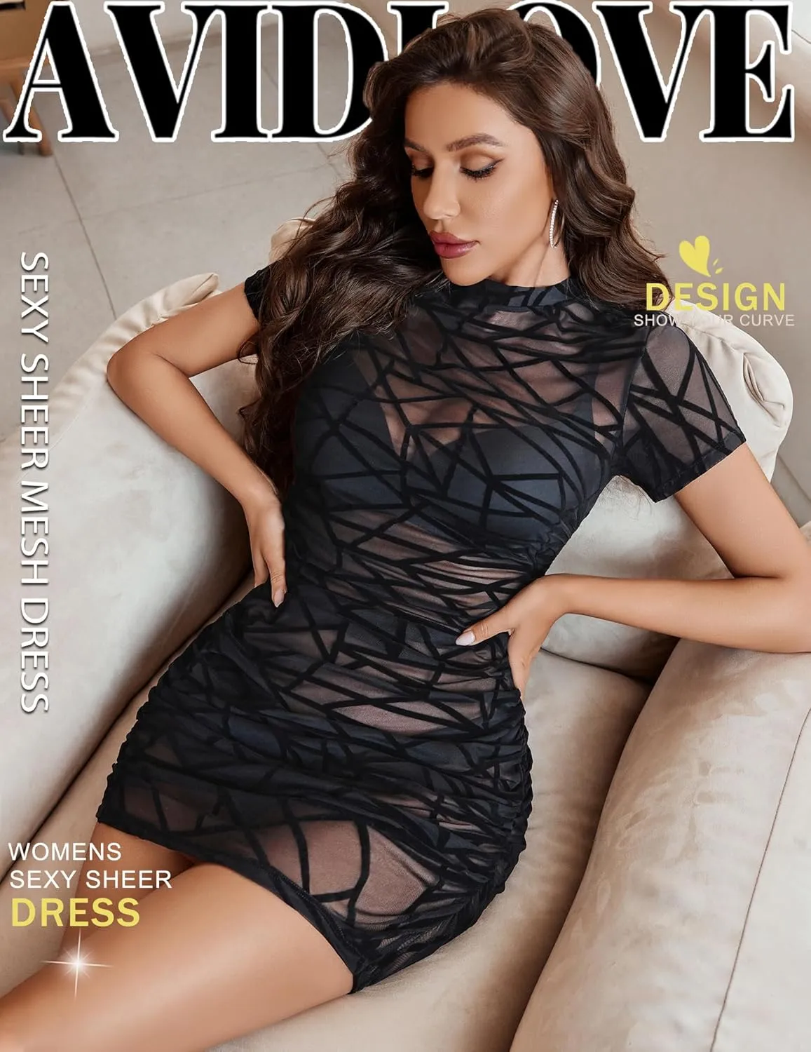 Avidlove Women's Mesh Dress Bodycon Mini Lingerie Dress Sexy Short Sleeve Mock Neck Ruched Party Clubwear Outfits S-XXL
