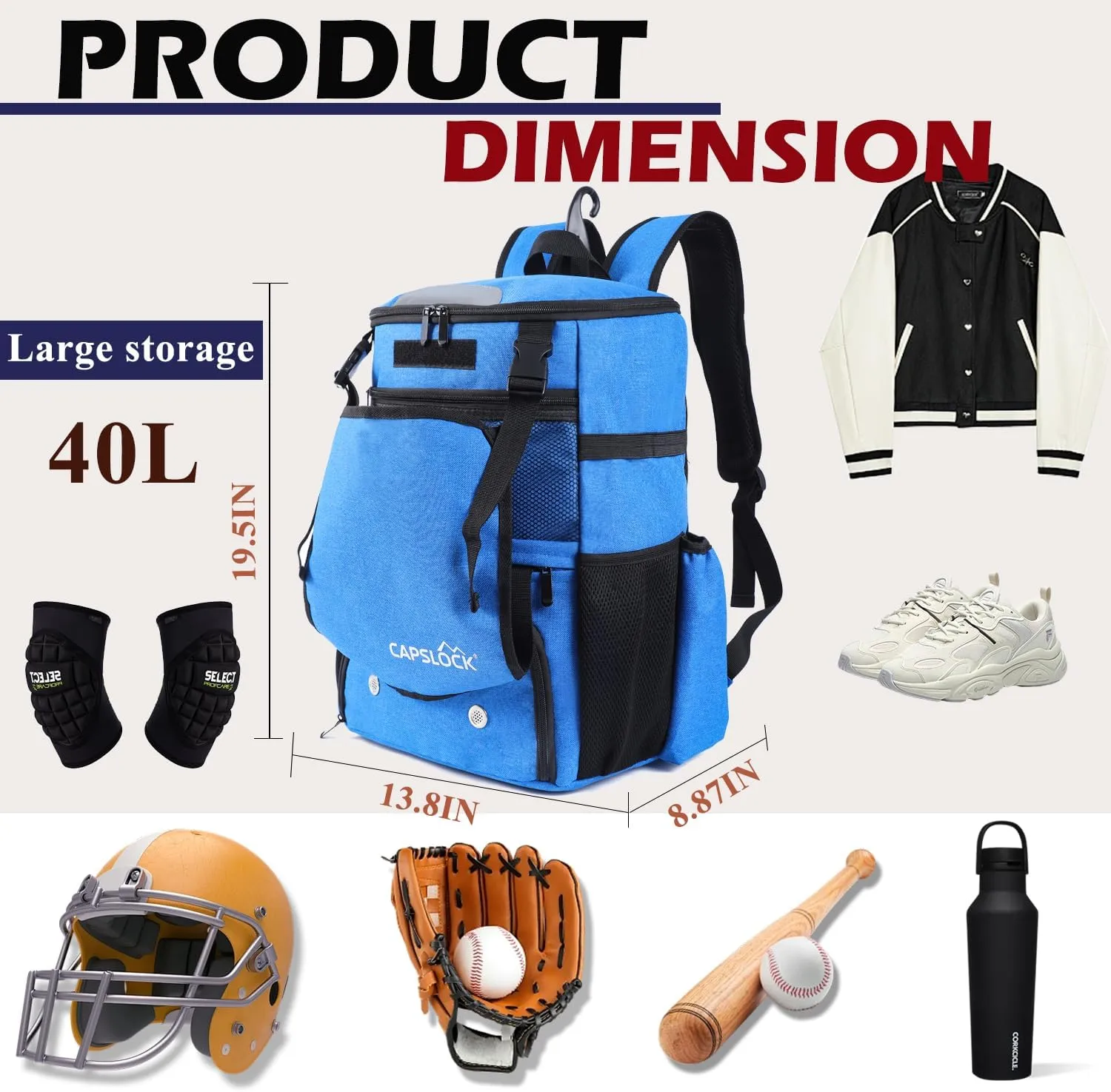 Baseball Backpack, Softball bag & T-Ball with Shoes Compartment for Youth, Boys and Adult, Lightweight Baseball Bag with Fence Hook Hold TBall Bat, Batting Mitten, Helmet, Caps, Teeball Gear