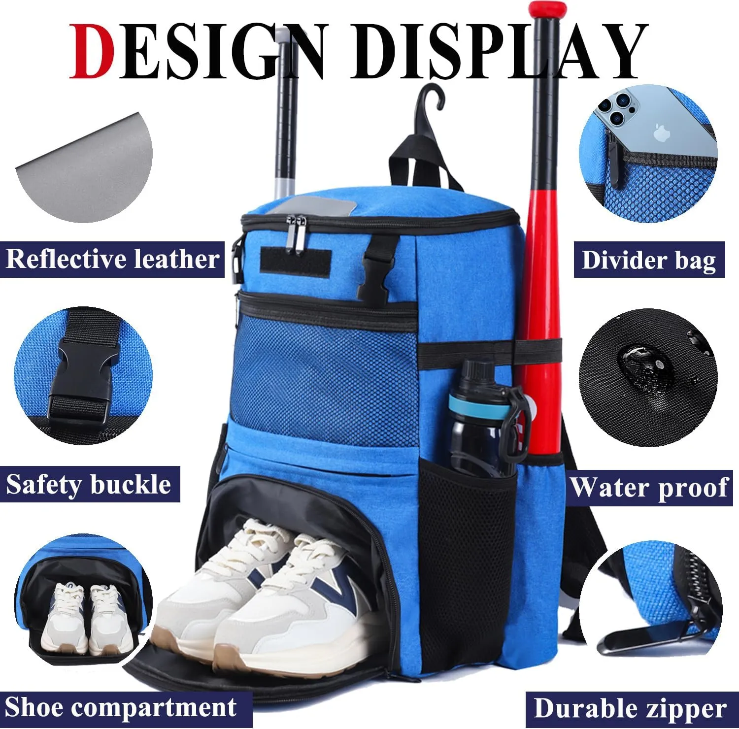 Baseball Backpack, Softball bag & T-Ball with Shoes Compartment for Youth, Boys and Adult, Lightweight Baseball Bag with Fence Hook Hold TBall Bat, Batting Mitten, Helmet, Caps, Teeball Gear