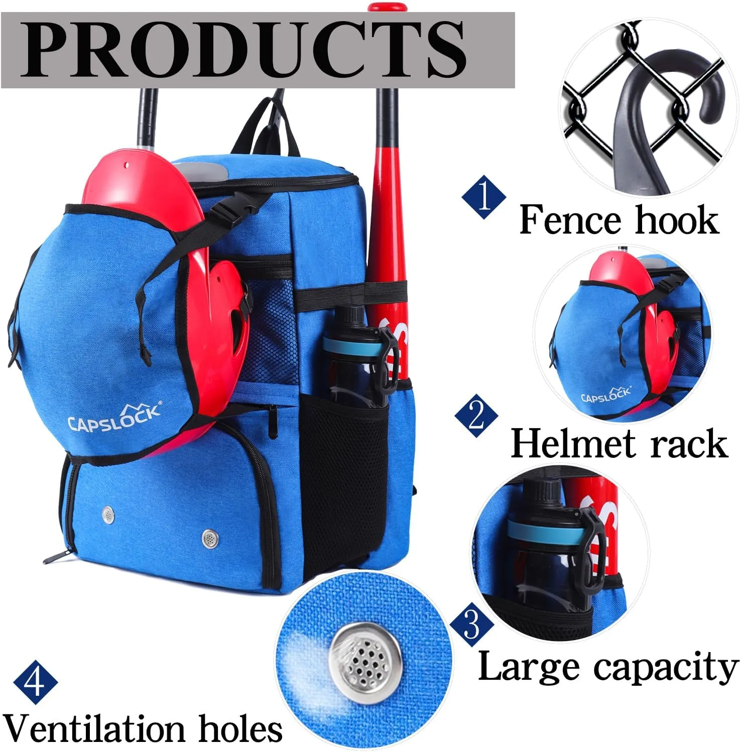 Baseball Backpack, Softball bag & T-Ball with Shoes Compartment for Youth, Boys and Adult, Lightweight Baseball Bag with Fence Hook Hold TBall Bat, Batting Mitten, Helmet, Caps, Teeball Gear
