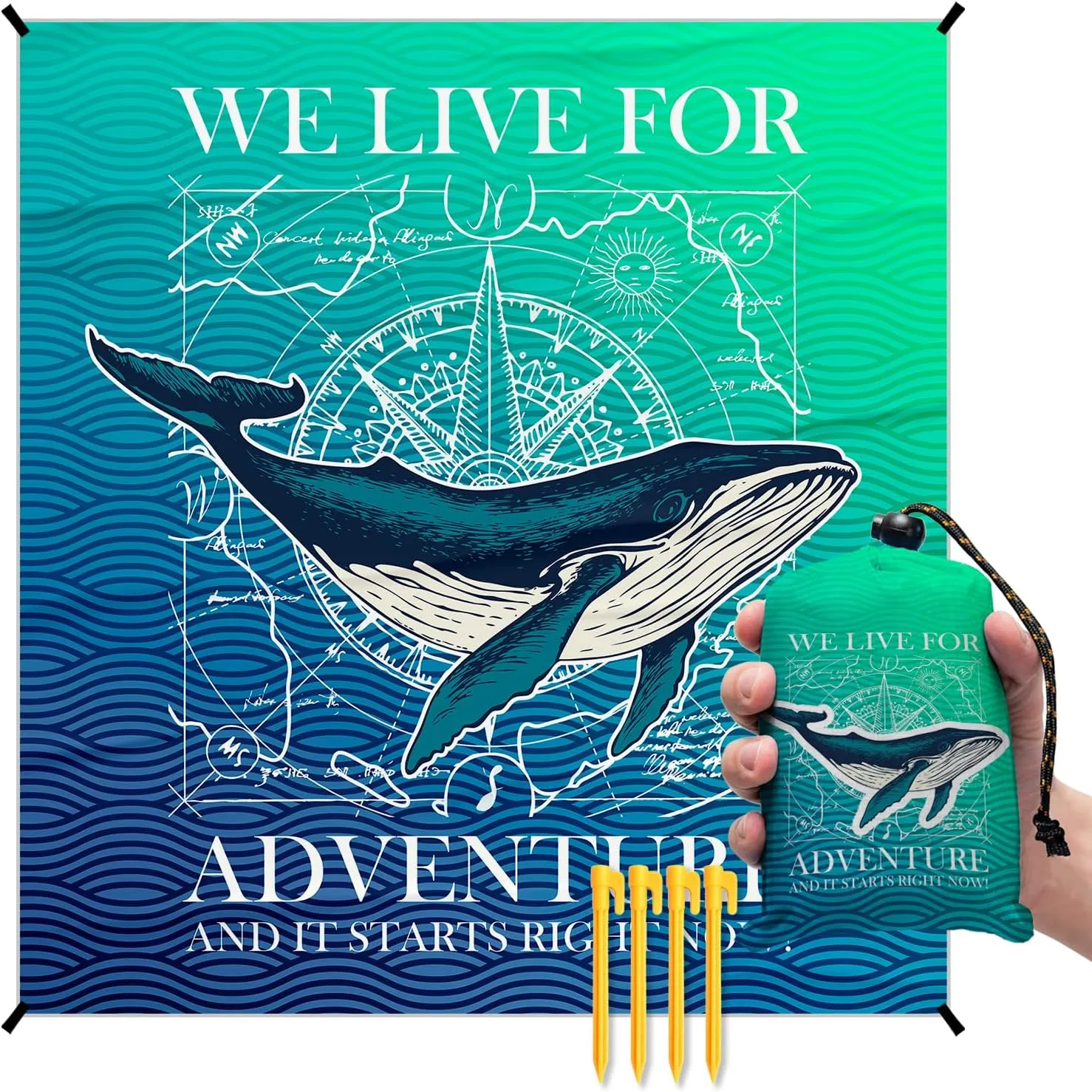 Beach Whale Pocket Picnic Blankets, Blue Ocean Coastal Mini Beach Camping Blanket Waterproof Sandproof, Rustic Sea RV Outdoor Picnic Blanket Mat Gifts for Camper Campsite Travel 55x60in