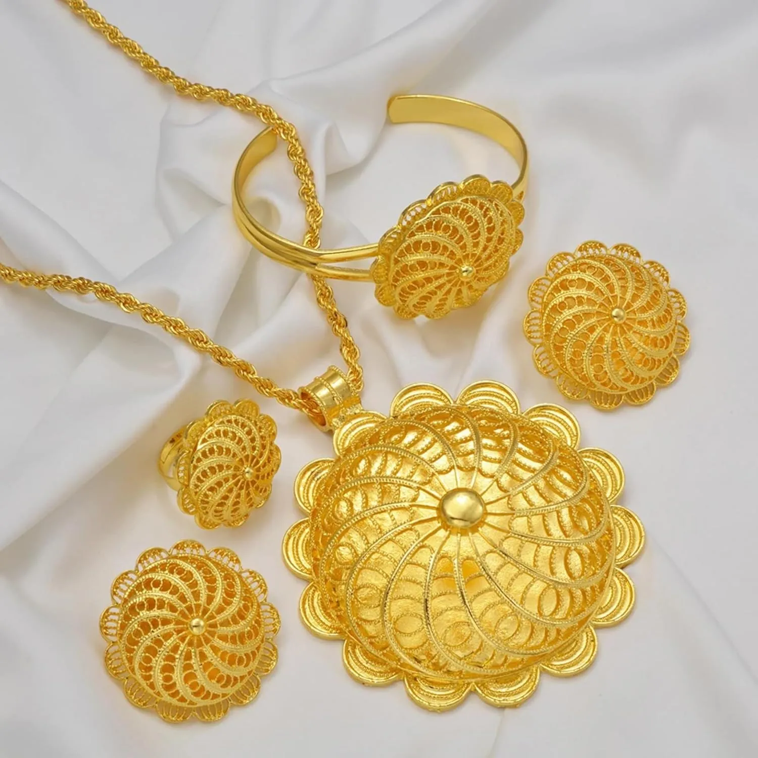 Big Ethiopian Jewelry - Ethiopian Jewelry for Women Set - Big Pendant Necklace Earrings Bracelet Ring African Ethiopian Jewelry Sets Eritrean Traditional Ornaments