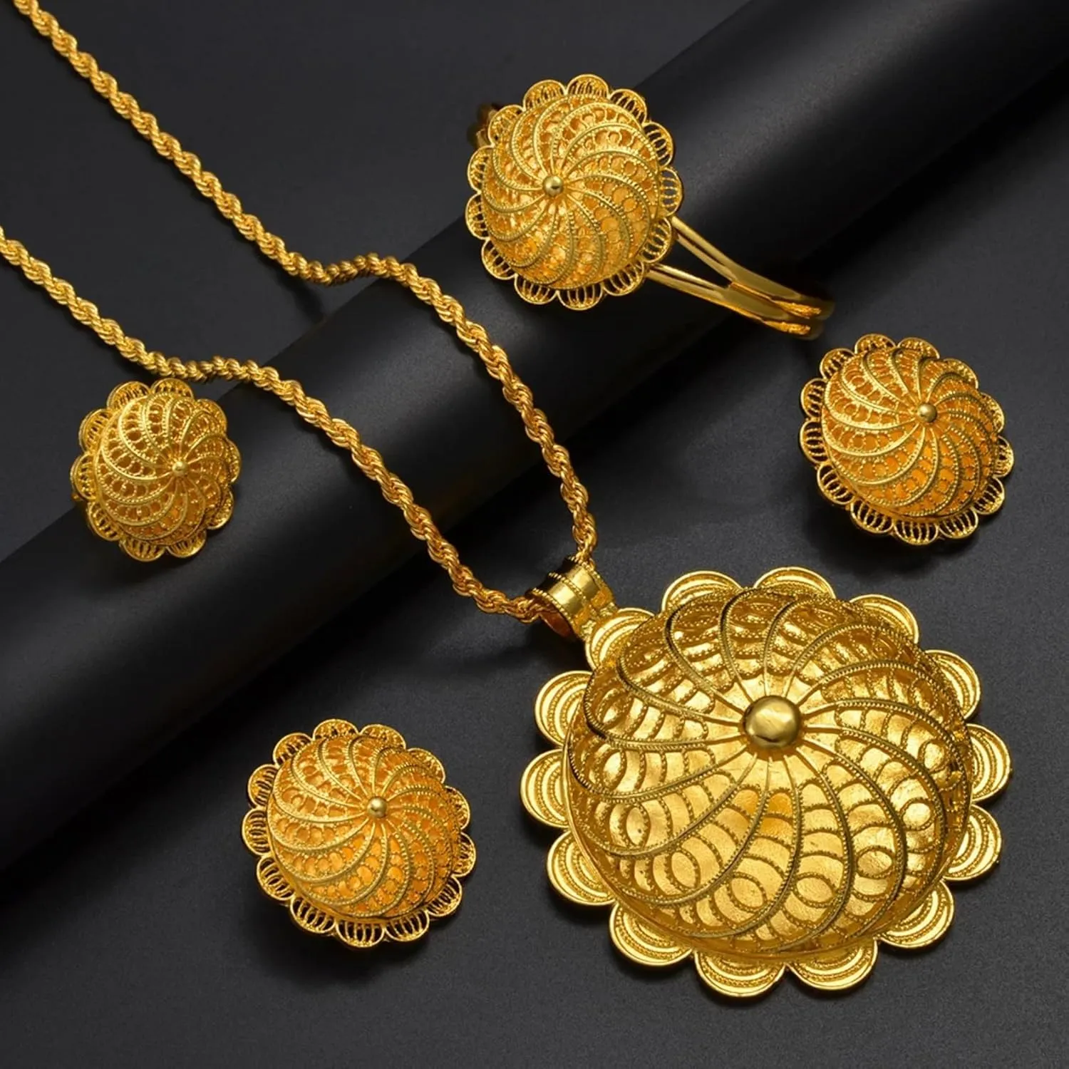 Big Ethiopian Jewelry - Ethiopian Jewelry for Women Set - Big Pendant Necklace Earrings Bracelet Ring African Ethiopian Jewelry Sets Eritrean Traditional Ornaments