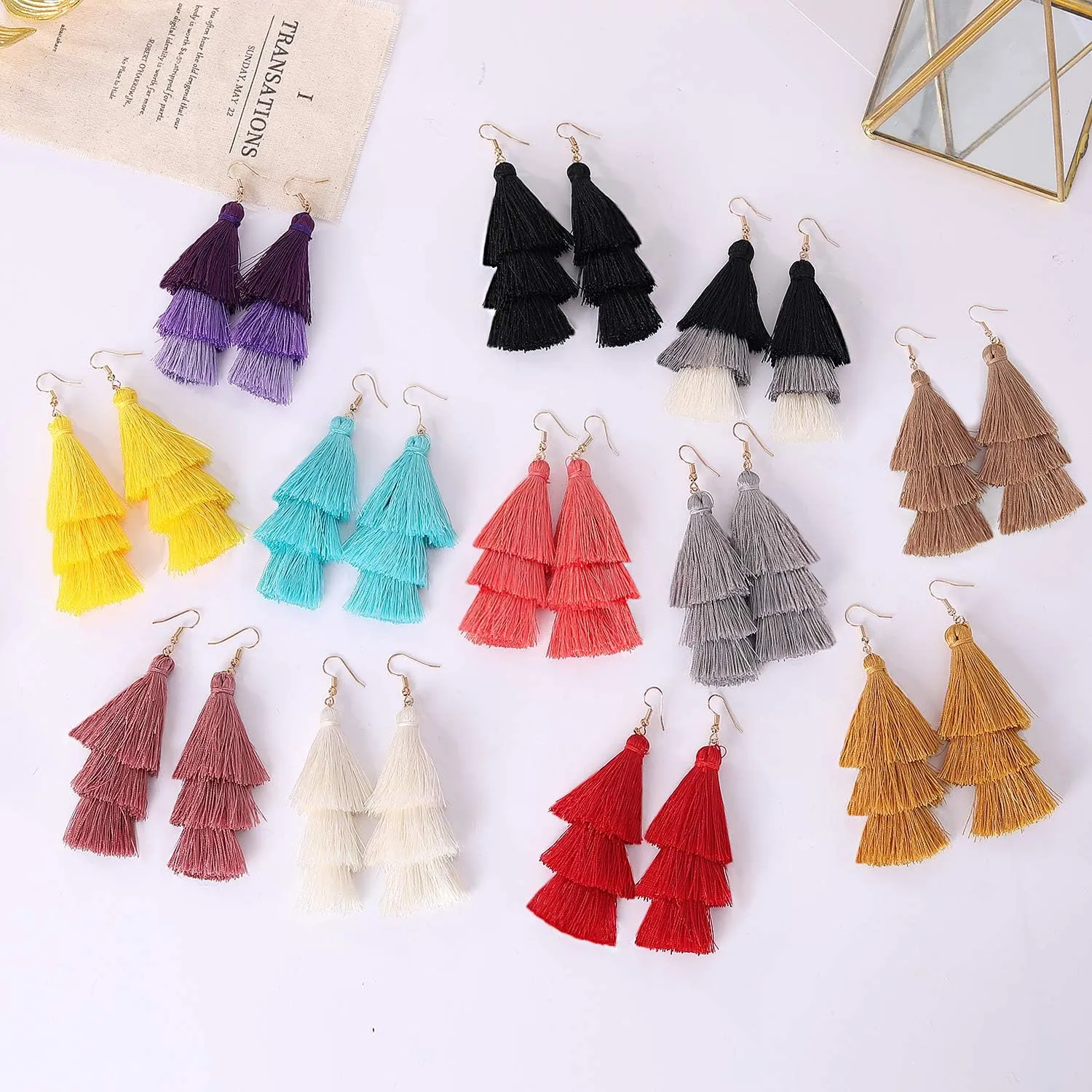 Colorful Tassel Earrings 3 Tier Layered Bohemian, Eardrop Big Dangle Drop Fashion Jewelry Earrings for Women Teen Girls Valentine Birthday Party Gift