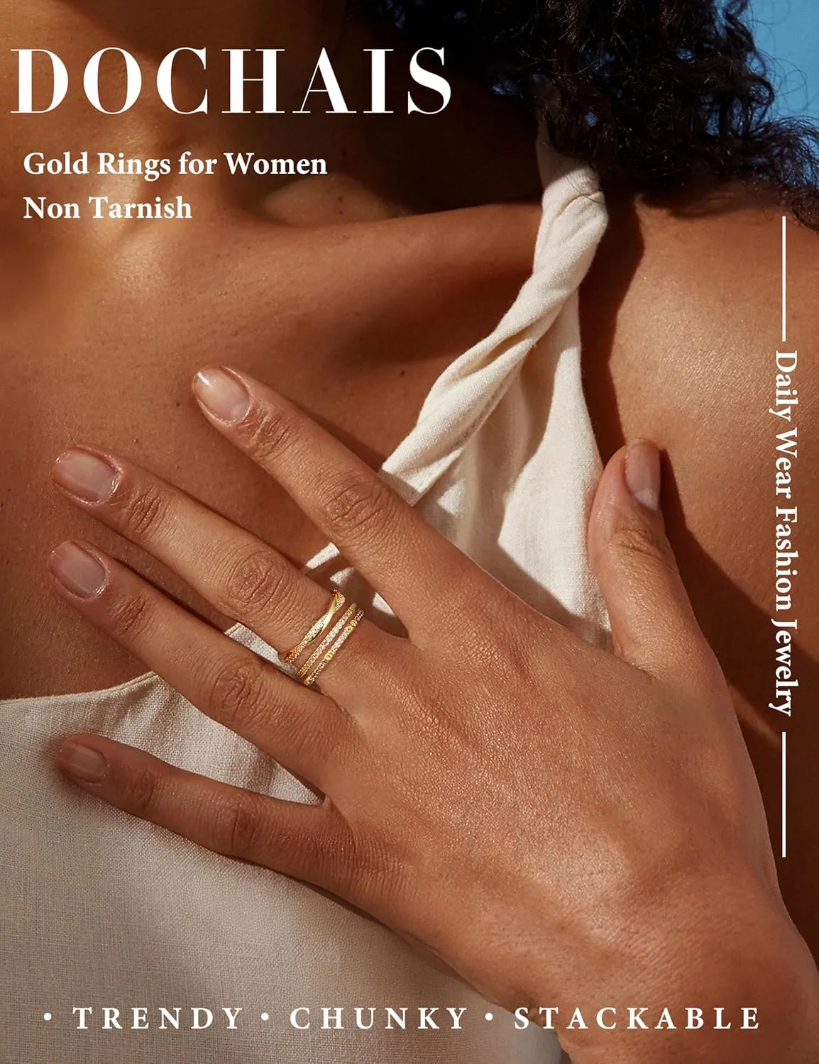 Dochais 5PCS Stackable Gold Silver Rings for Women, Non Tarnish Dainty Cubic Zirconia Rings, 14K Gold Plated Minimalist Wedding Band Rings Set, Trendy Statement Stacking Rings Jewelry Size 5-10