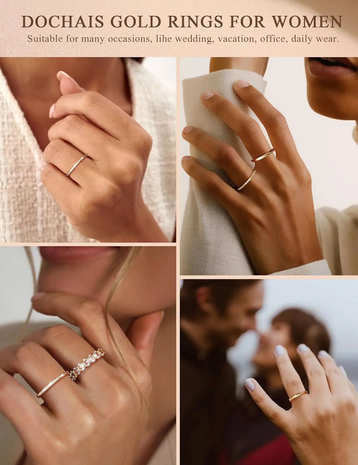 Dochais 5PCS Stackable Gold Silver Rings for Women, Non Tarnish Dainty Cubic Zirconia Rings, 14K Gold Plated Minimalist Wedding Band Rings Set, Trendy Statement Stacking Rings Jewelry Size 5-10