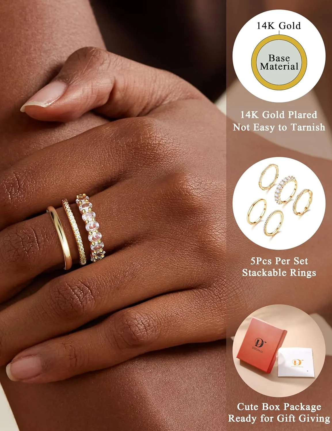 Dochais 5PCS Stackable Gold Silver Rings for Women, Non Tarnish Dainty Cubic Zirconia Rings, 14K Gold Plated Minimalist Wedding Band Rings Set, Trendy Statement Stacking Rings Jewelry Size 5-10