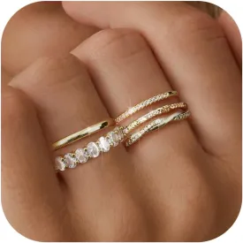 Dochais 5PCS Stackable Gold Silver Rings for Women, Non Tarnish Dainty Cubic Zirconia Rings, 14K Gold Plated Minimalist Wedding Band Rings Set, Trendy Statement Stacking Rings Jewelry Size 5-10