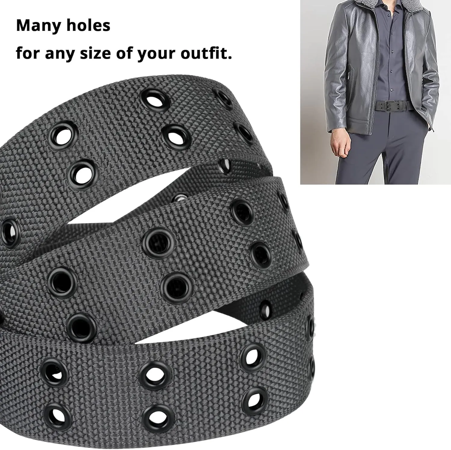 Double Prong Belt Plus Size 39 to 71'' Black Grommet Nylon Belts for Men Women Unisex