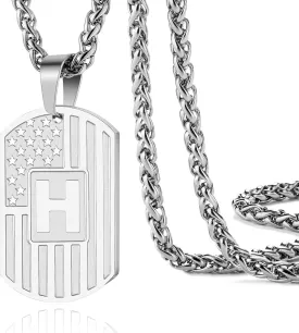 DuoDiner Initial Necklace Gifts for Men Boys Kids,A-Z Capital Letter American Flag Dog Tag Necklaces 24 Inches Stainless Steel Mens Jewelry Gifts