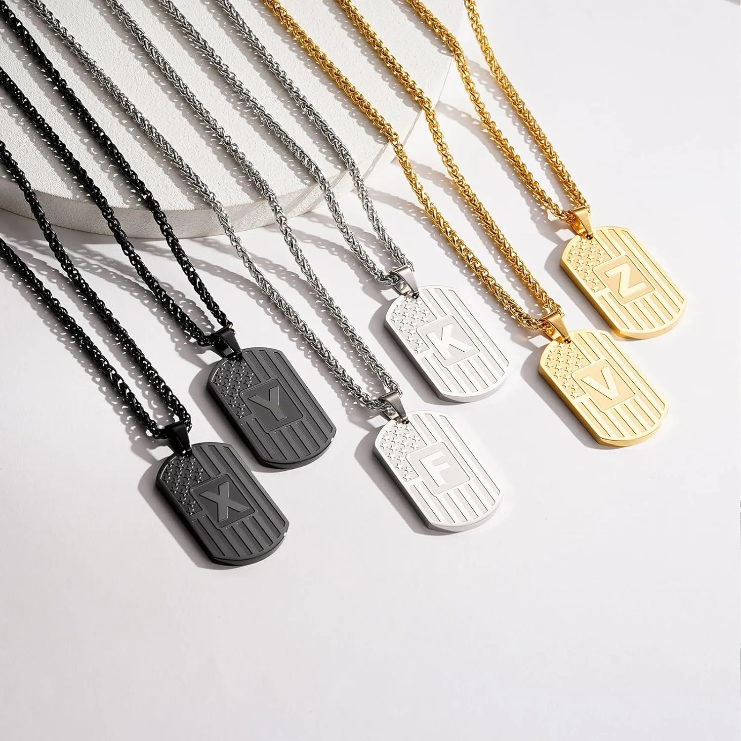 DuoDiner Initial Necklace Gifts for Men Boys Kids,A-Z Capital Letter American Flag Dog Tag Necklaces 24 Inches Stainless Steel Mens Jewelry Gifts