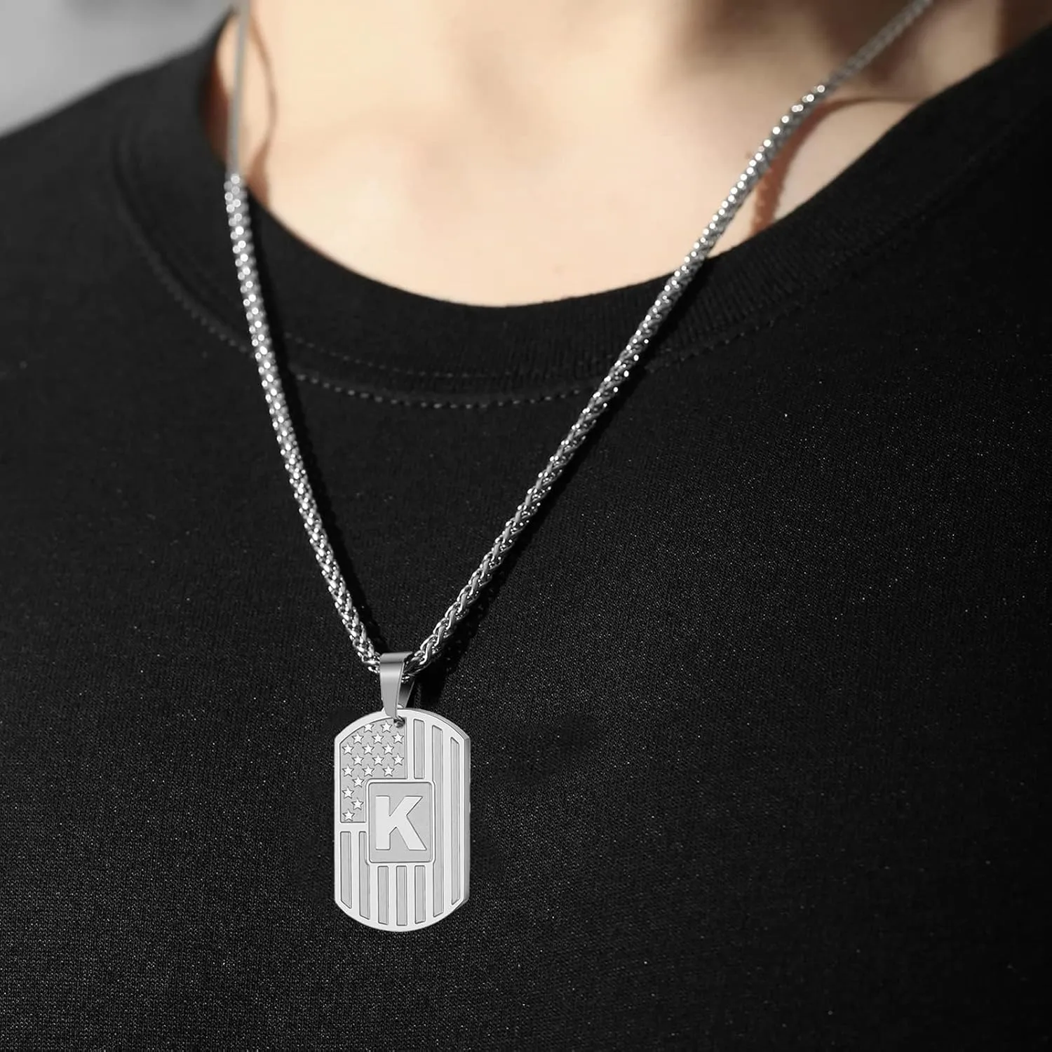 DuoDiner Initial Necklace Gifts for Men Boys Kids,A-Z Capital Letter American Flag Dog Tag Necklaces 24 Inches Stainless Steel Mens Jewelry Gifts