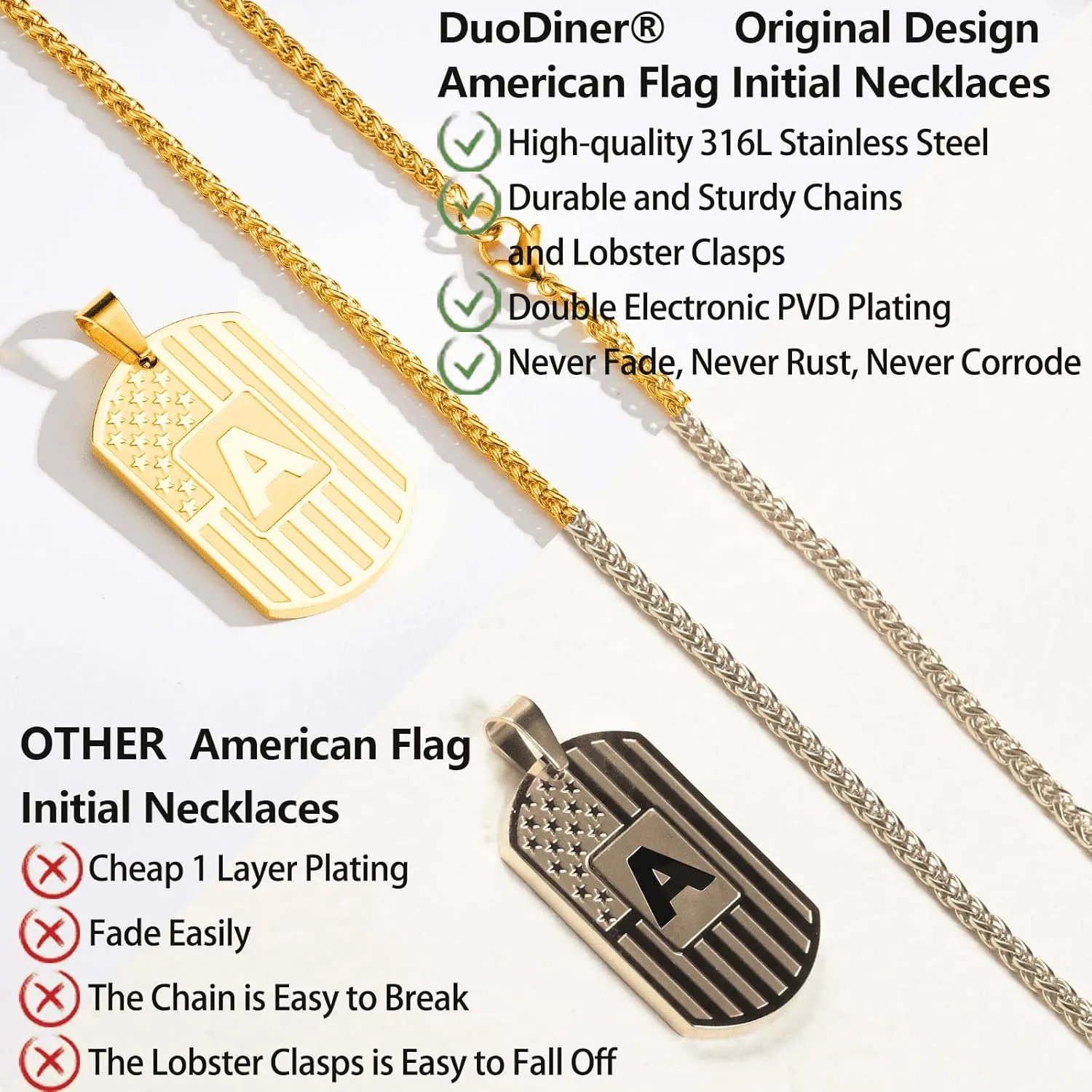 DuoDiner Initial Necklace Gifts for Men Boys Kids,A-Z Capital Letter American Flag Dog Tag Necklaces 24 Inches Stainless Steel Mens Jewelry Gifts
