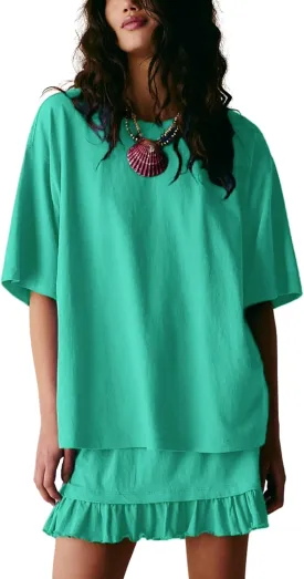 Esmeling Women Summer 2 Piece Skirt Sets Round Neck Short Sleeve Outfits Casual Tops and Pleated Skirts Sets