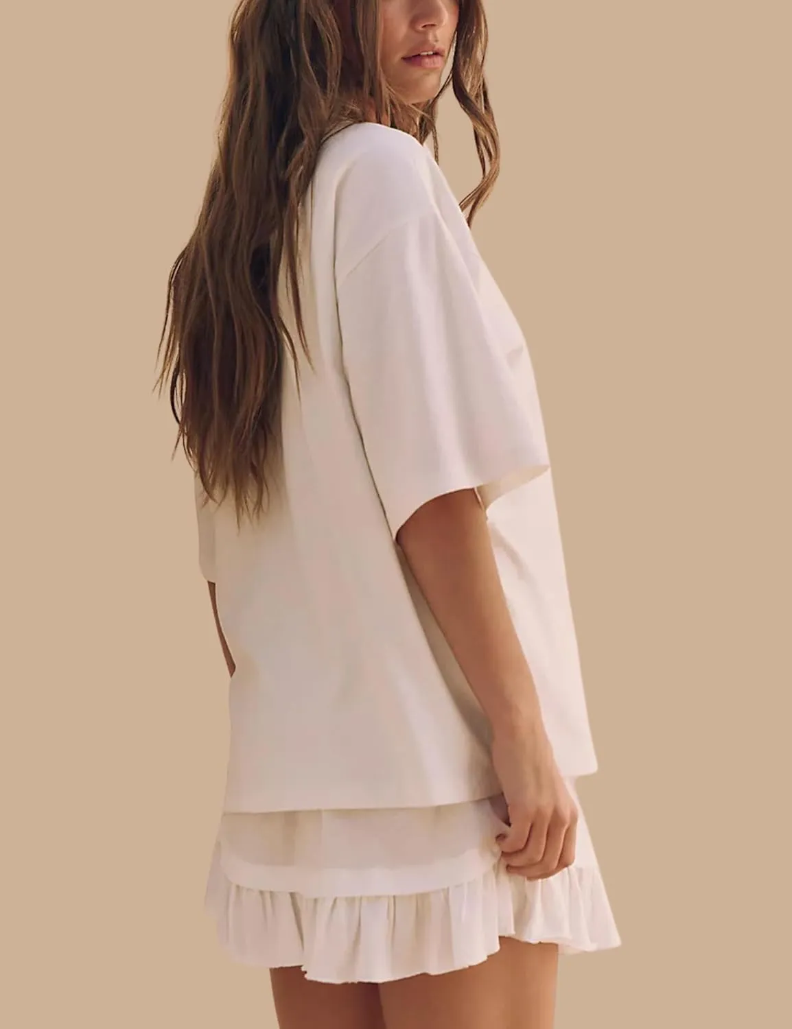 Esmeling Women Summer 2 Piece Skirt Sets Round Neck Short Sleeve Outfits Casual Tops and Pleated Skirts Sets
