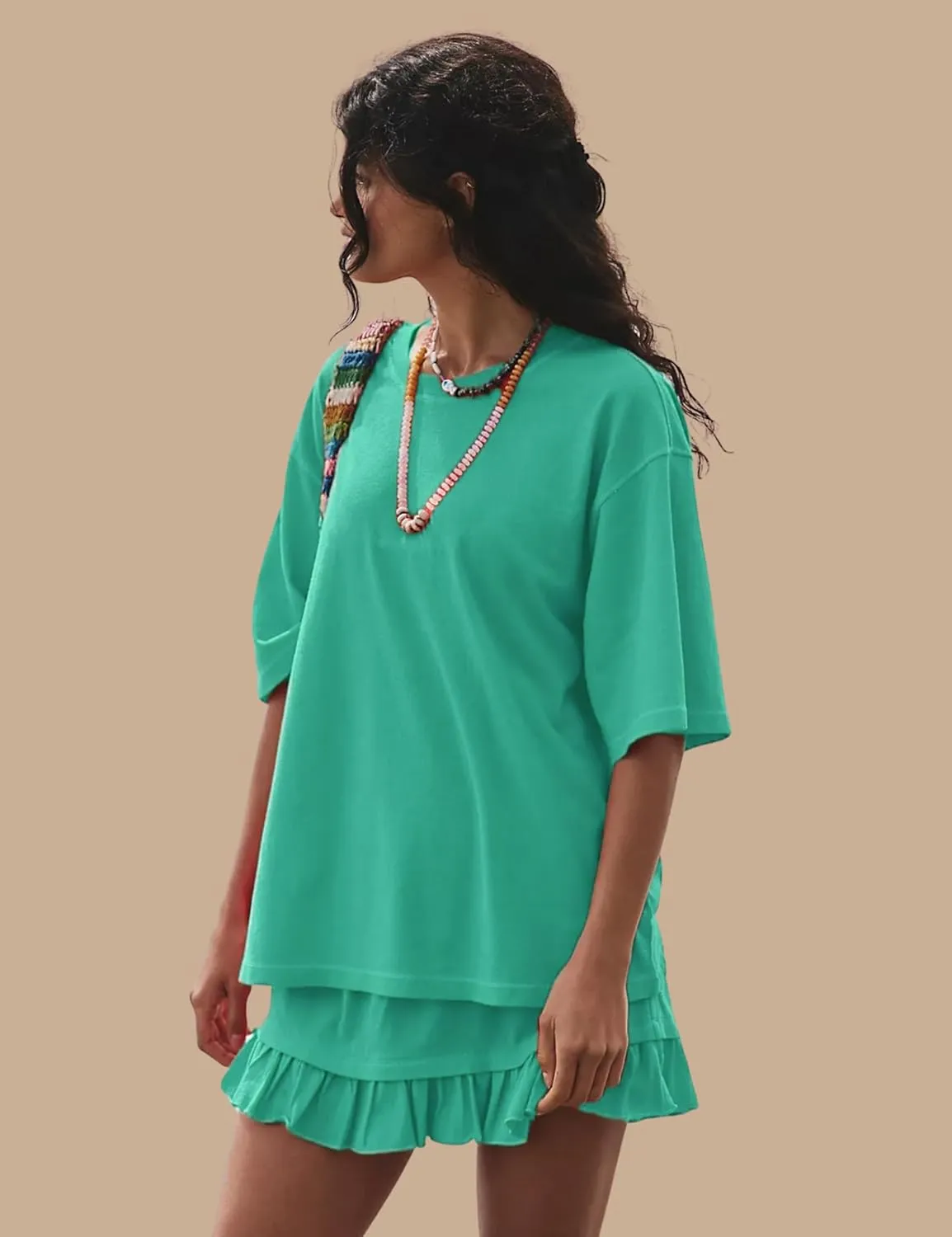 Esmeling Women Summer 2 Piece Skirt Sets Round Neck Short Sleeve Outfits Casual Tops and Pleated Skirts Sets