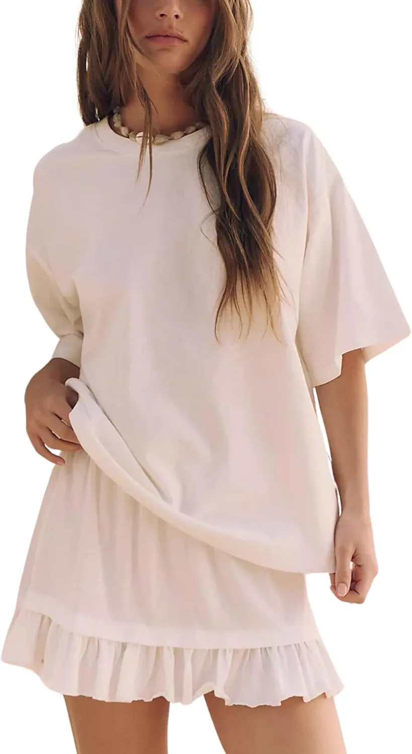 Esmeling Women Summer 2 Piece Skirt Sets Round Neck Short Sleeve Outfits Casual Tops and Pleated Skirts Sets