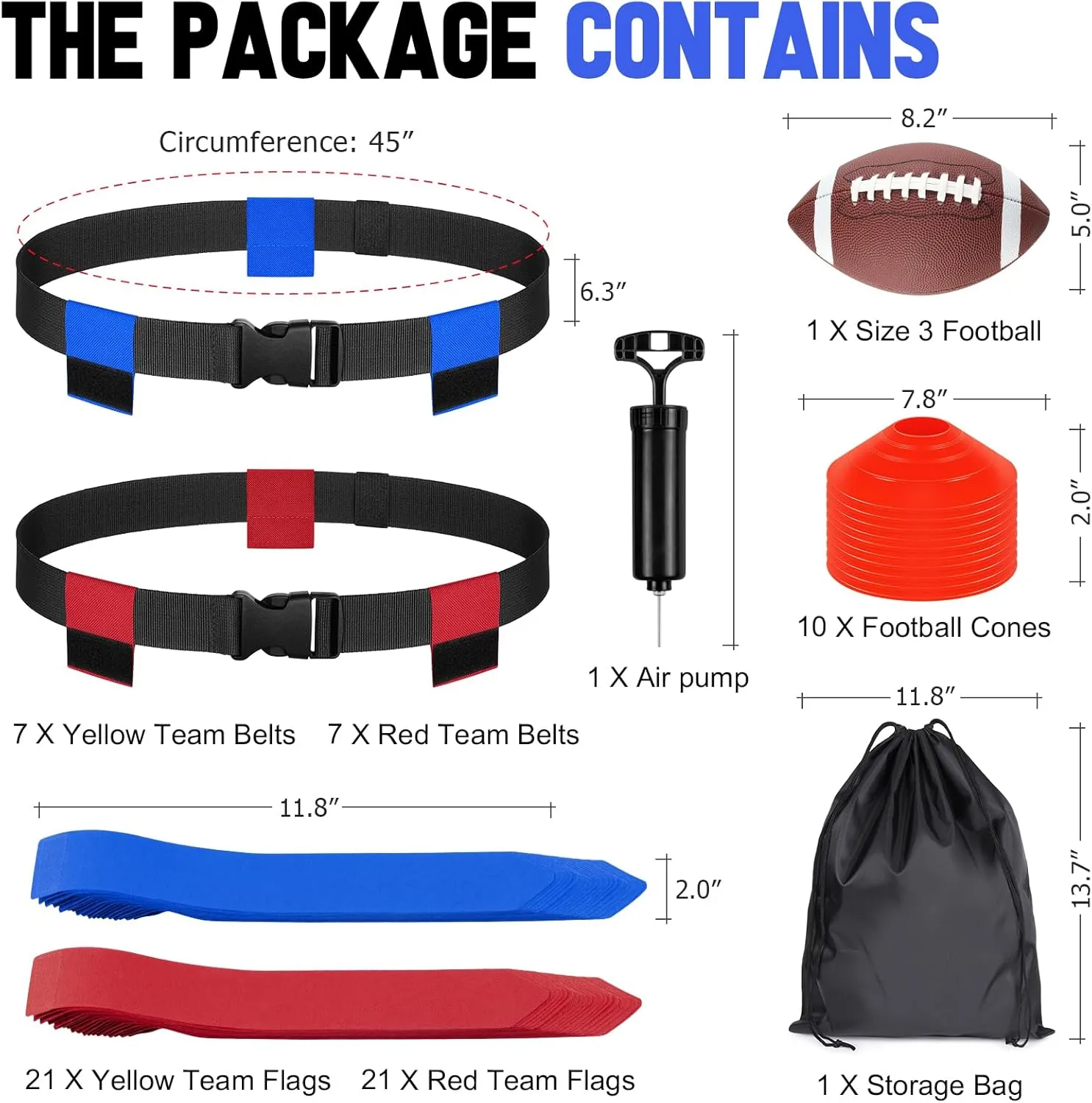Flag Football Set - 14/20 Player Adjustable Belts with Cones, Football, Pump, Bag, for Youth and Adults Training