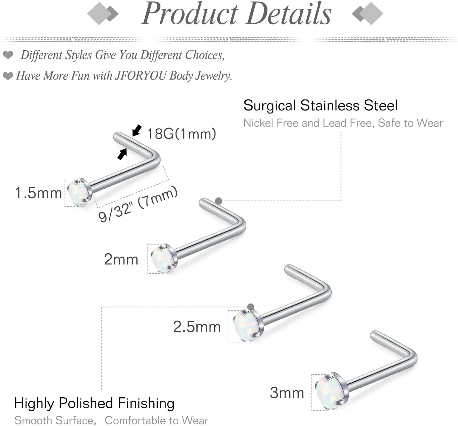 JFORYOU 18G Nose Rings Set for Women Stainless Steel Hypoallergenic 1.5mm 2mm 2.5mm 3mm Nose Studs and Opal Hinged Clicker Segment Nose Rings Hoops Helix Cartilage Daith Conch Tragus Sleeper Earrings