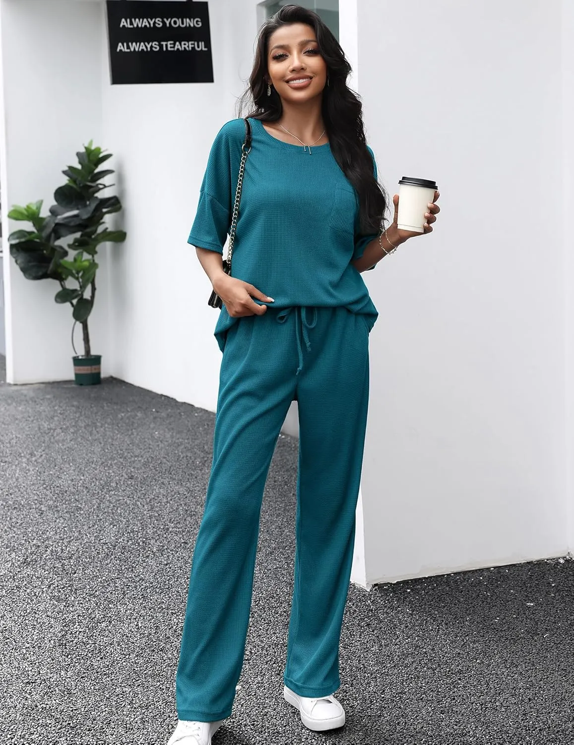 JiniGolla Womens Pajama Sets Waffle Knit Short Sleeve Shirt with Long Pajama Pants Soft Sleepwear Pj Lounge Sets