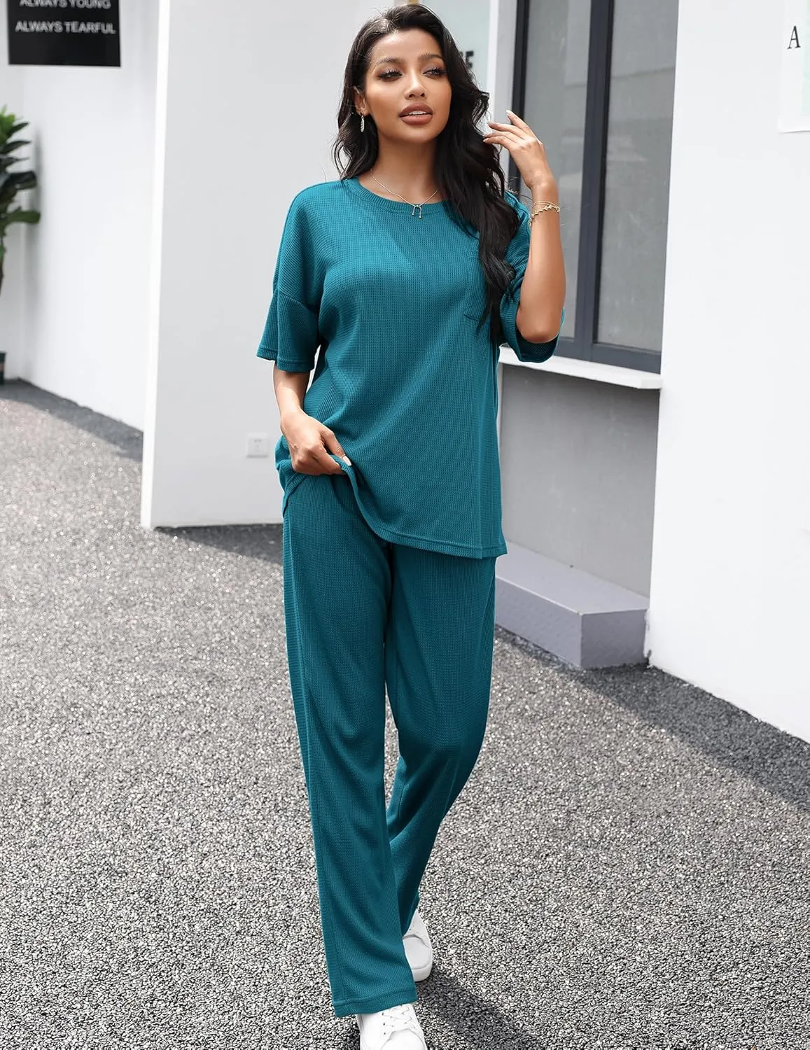 JiniGolla Womens Pajama Sets Waffle Knit Short Sleeve Shirt with Long Pajama Pants Soft Sleepwear Pj Lounge Sets