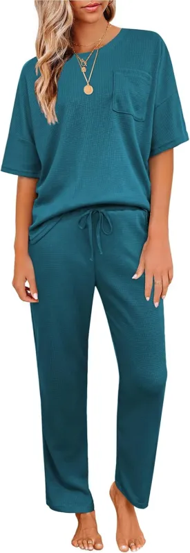 JiniGolla Womens Pajama Sets Waffle Knit Short Sleeve Shirt with Long Pajama Pants Soft Sleepwear Pj Lounge Sets