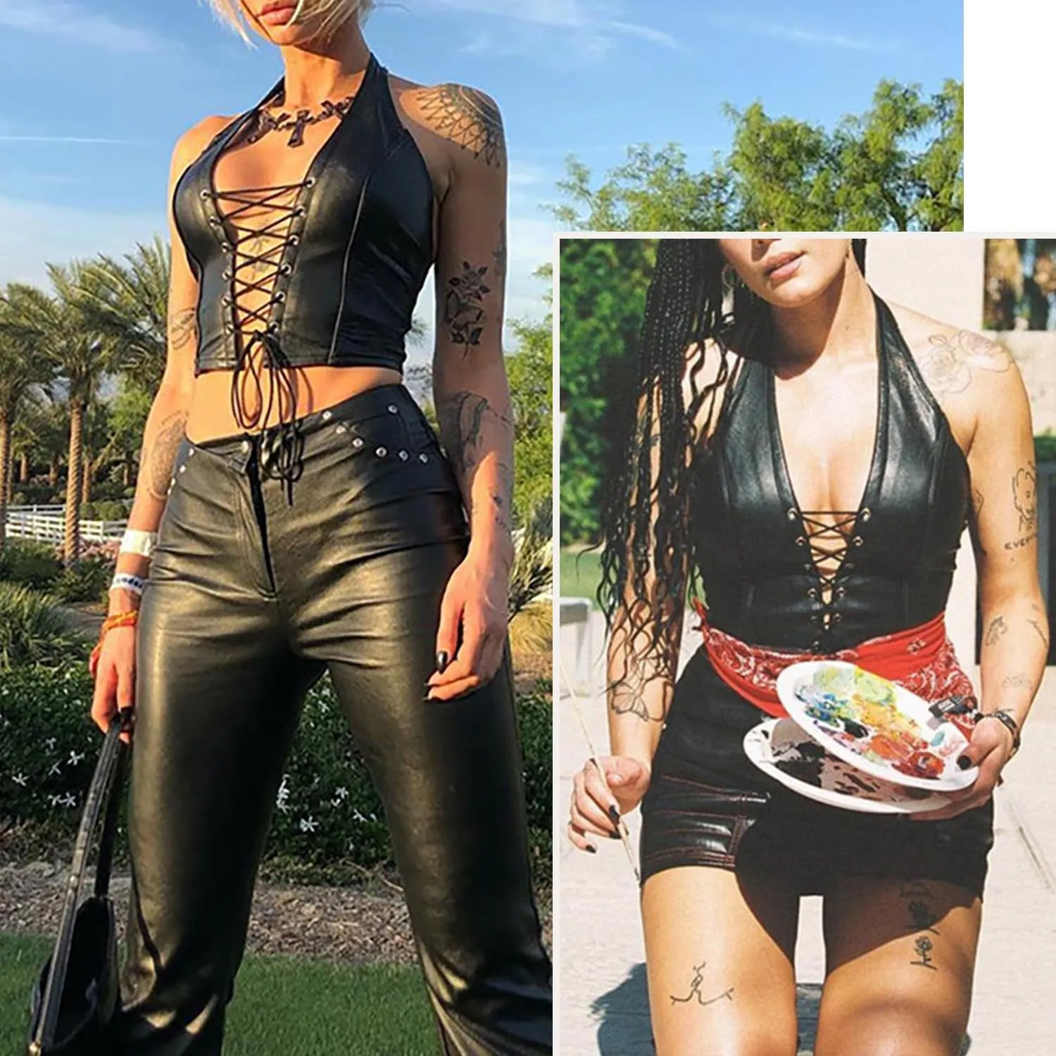 Leather Tops for Women Sexy Faux PU Halter Crop Tank Top Bustier Lace-up Straps Lingerie Deep V Neck Wet Look Bodycon
