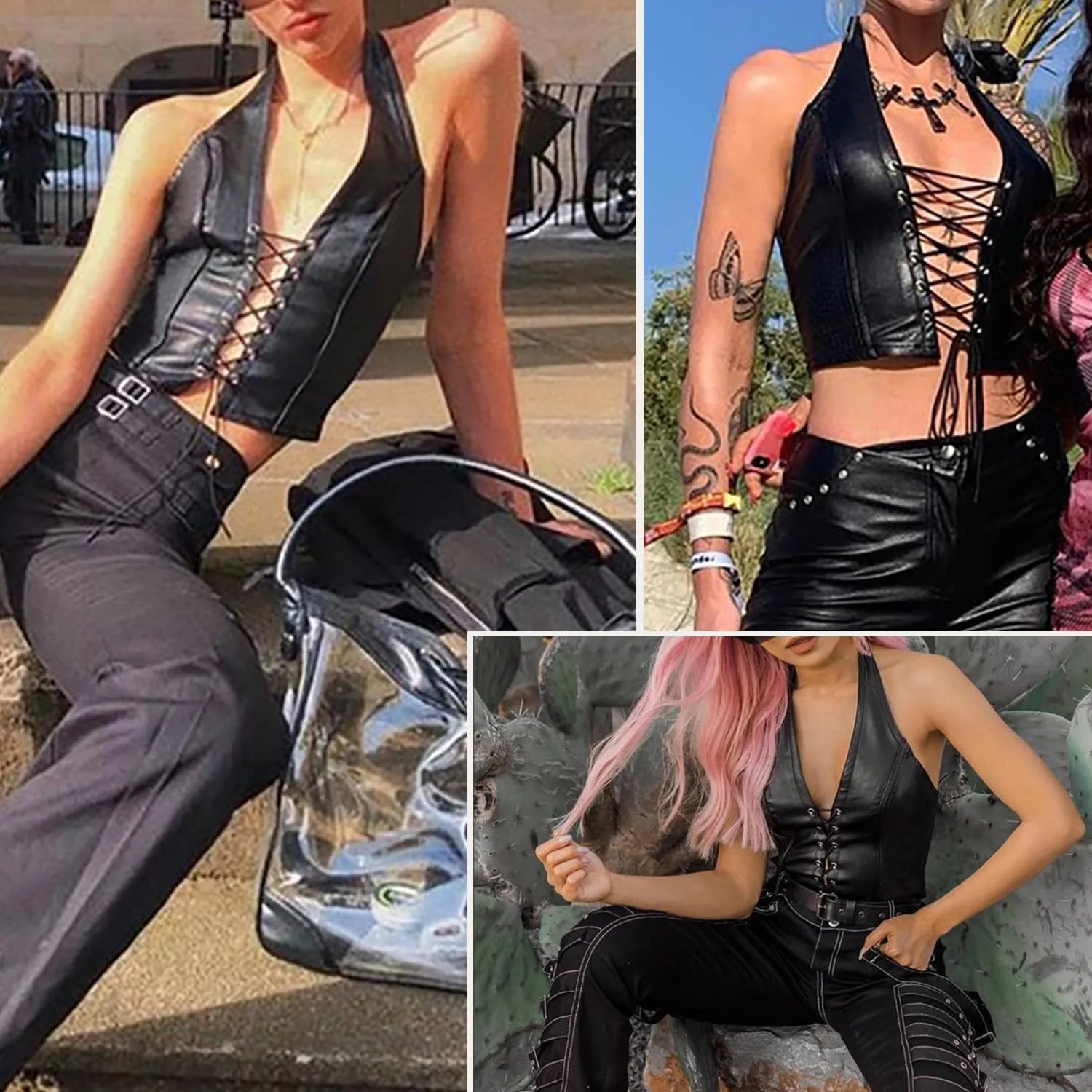 Leather Tops for Women Sexy Faux PU Halter Crop Tank Top Bustier Lace-up Straps Lingerie Deep V Neck Wet Look Bodycon