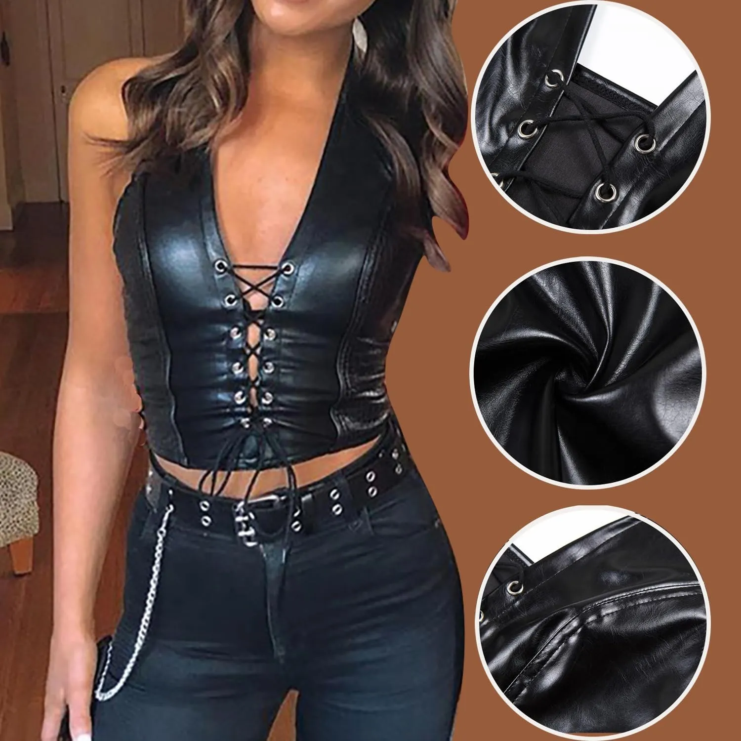 Leather Tops for Women Sexy Faux PU Halter Crop Tank Top Bustier Lace-up Straps Lingerie Deep V Neck Wet Look Bodycon