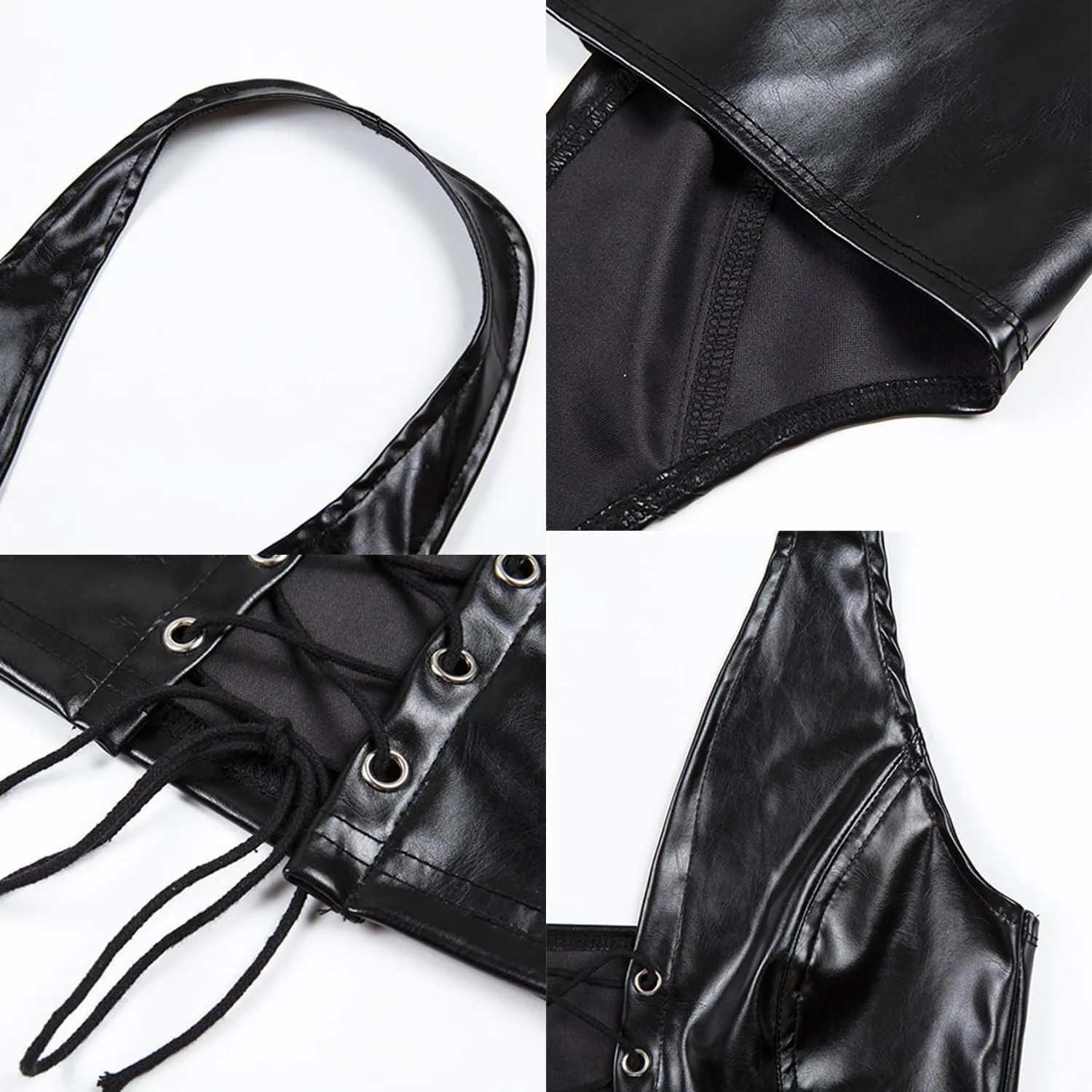 Leather Tops for Women Sexy Faux PU Halter Crop Tank Top Bustier Lace-up Straps Lingerie Deep V Neck Wet Look Bodycon