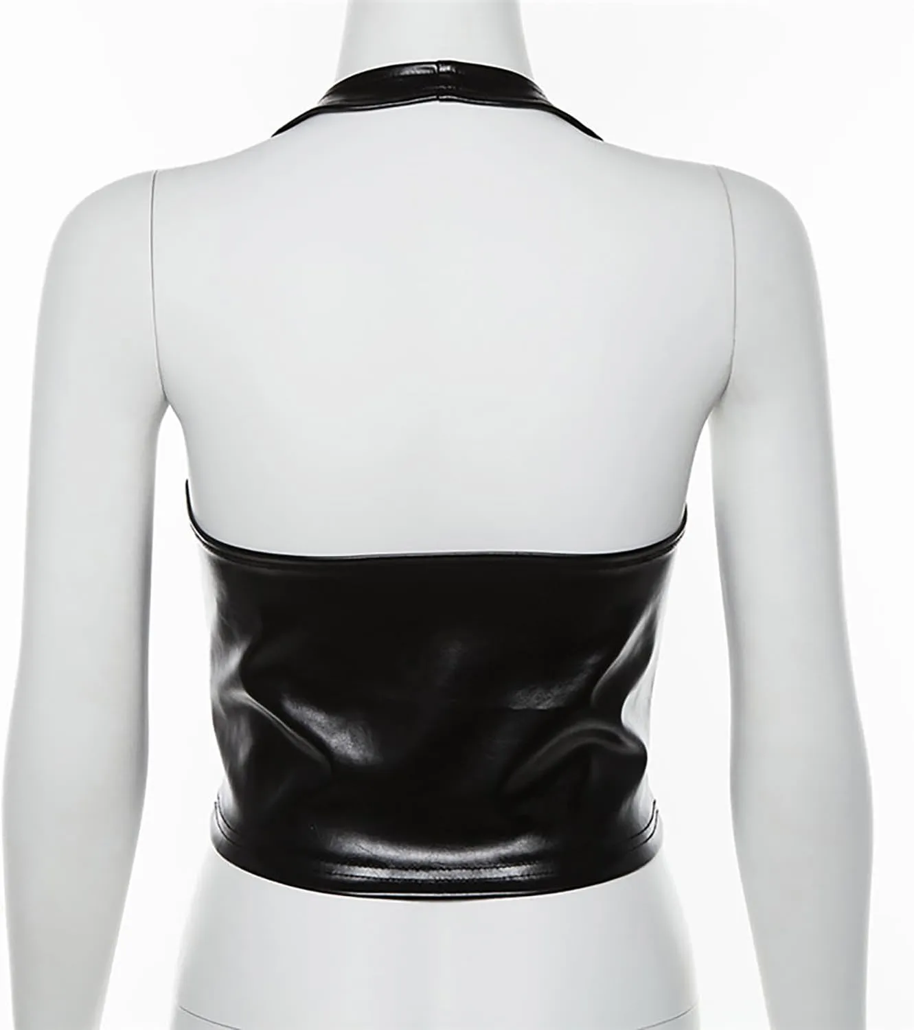 Leather Tops for Women Sexy Faux PU Halter Crop Tank Top Bustier Lace-up Straps Lingerie Deep V Neck Wet Look Bodycon