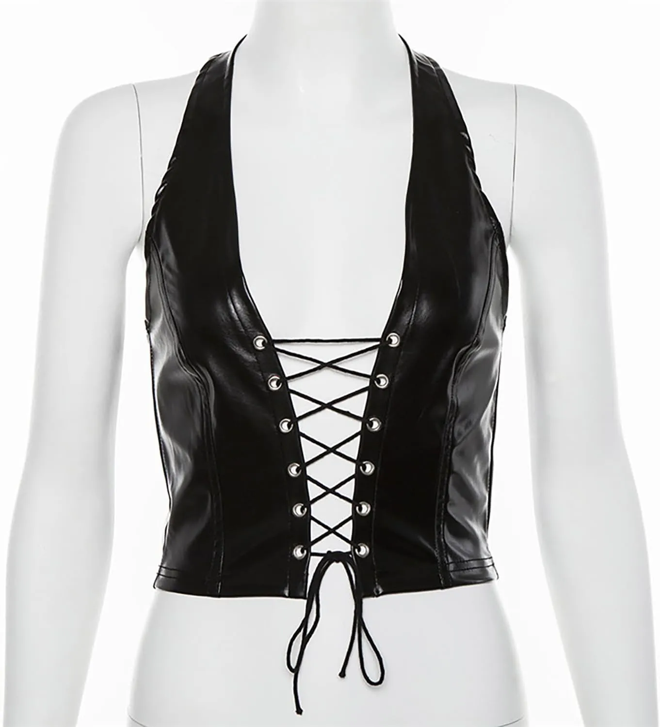 Leather Tops for Women Sexy Faux PU Halter Crop Tank Top Bustier Lace-up Straps Lingerie Deep V Neck Wet Look Bodycon