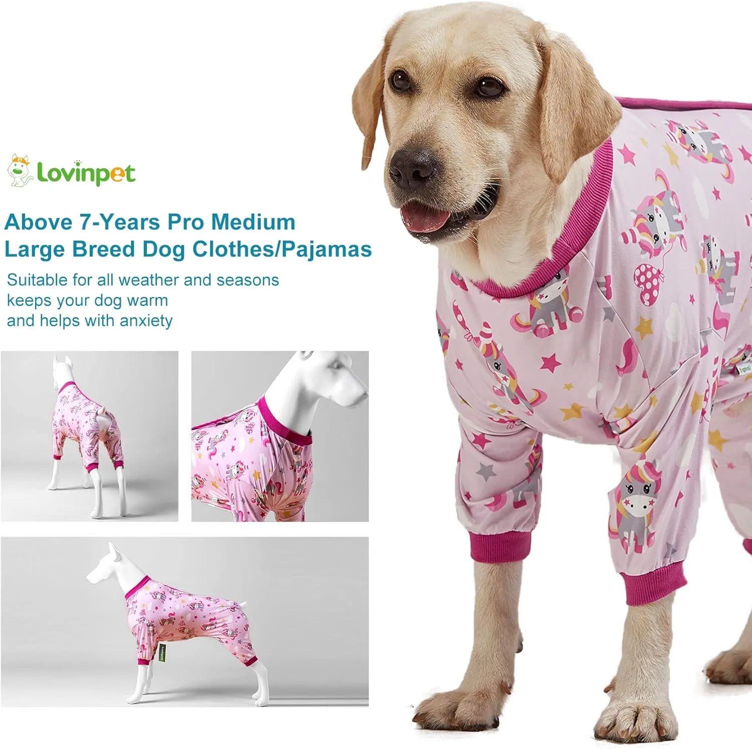 LovinPet Clothes for Dogs, Lightweight Stretch Knit, Unicorn Rose Pink Print/Post Surgery Shirt/UV Protection, Pet Anxiety Relief, Wound Care for Large Dog Onesies/XL