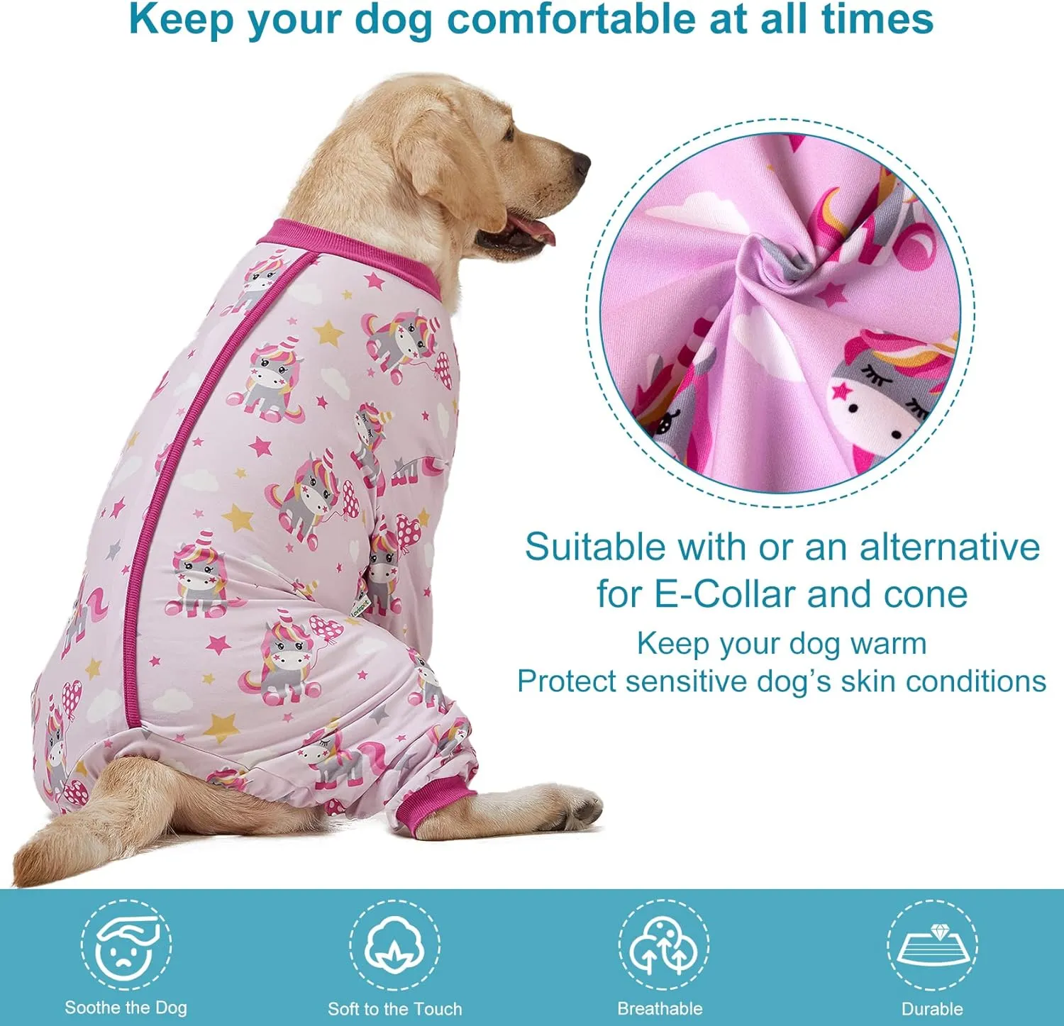 LovinPet Clothes for Dogs, Lightweight Stretch Knit, Unicorn Rose Pink Print/Post Surgery Shirt/UV Protection, Pet Anxiety Relief, Wound Care for Large Dog Onesies/XL
