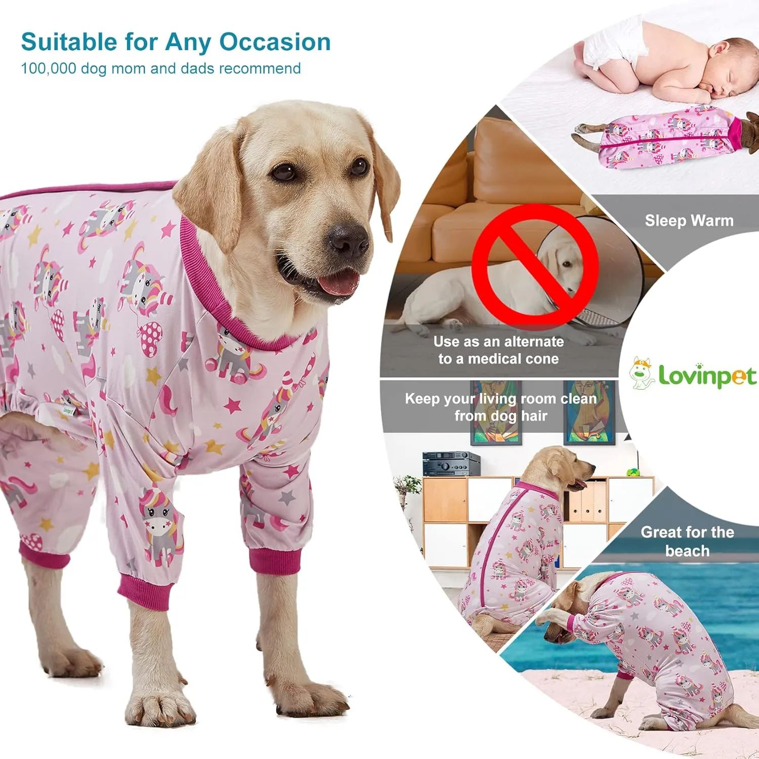 LovinPet Clothes for Dogs, Lightweight Stretch Knit, Unicorn Rose Pink Print/Post Surgery Shirt/UV Protection, Pet Anxiety Relief, Wound Care for Large Dog Onesies/XL