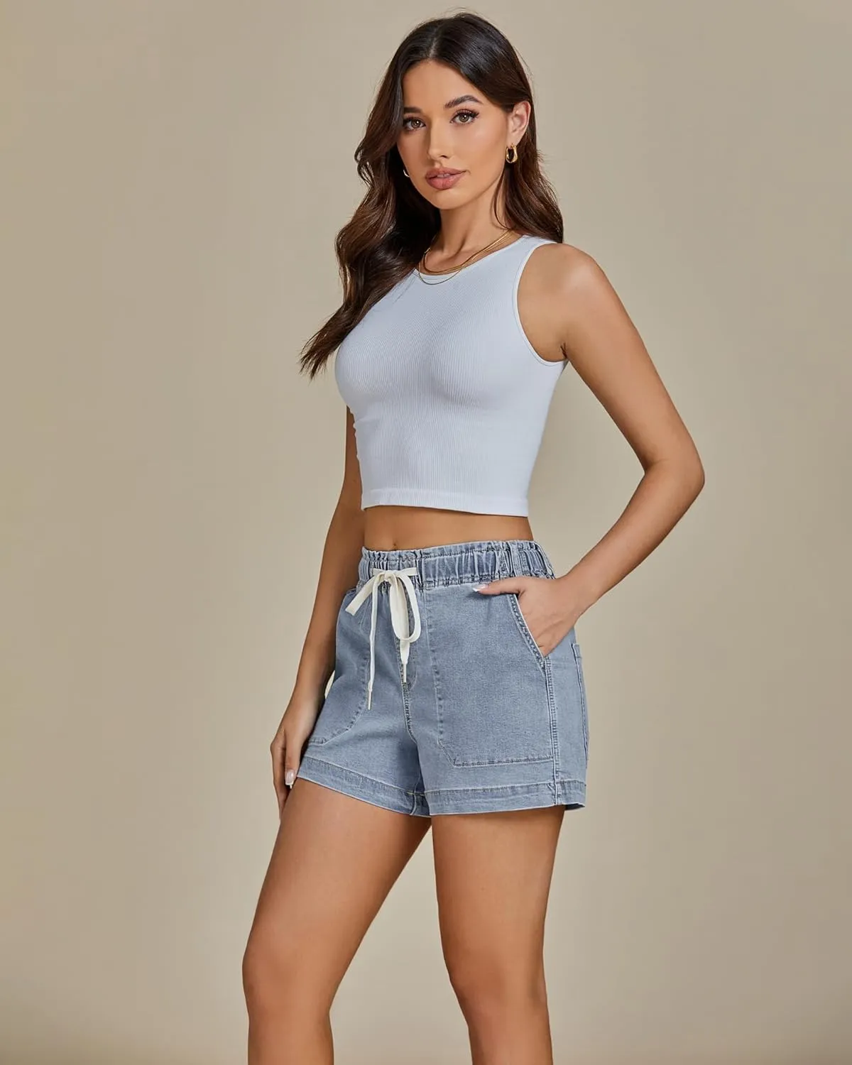 luvamia Jean Shorts for Women High Waisted Pull On Drawstring Elastic Waist Trendy Stretchy Denim Jorts Summer Shorts