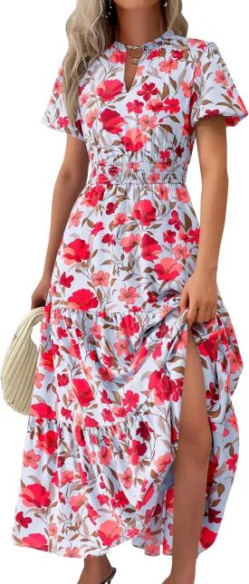 MASCOMODA Summer Maxi Dresses for Women 2025 Casual V Neck Puff Short Sleeve Smocked Flowy Beach Boho Long Floral Dress