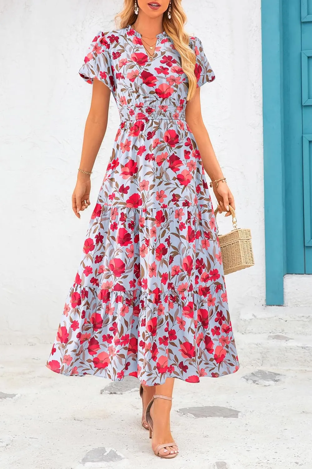 MASCOMODA Summer Maxi Dresses for Women 2025 Casual V Neck Puff Short Sleeve Smocked Flowy Beach Boho Long Floral Dress