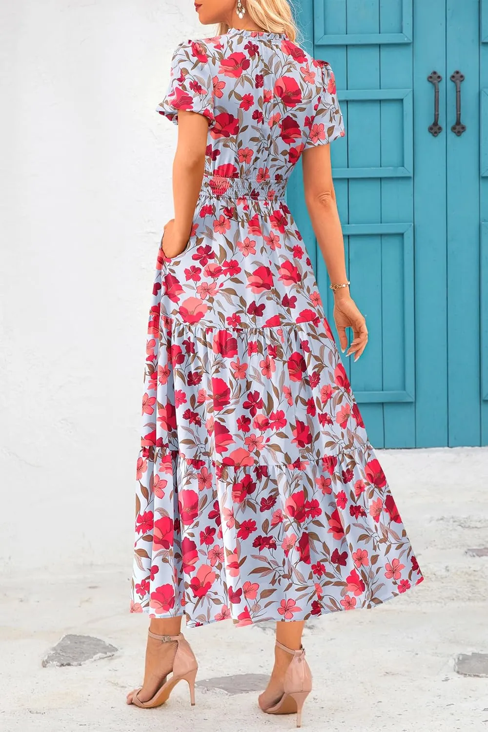 MASCOMODA Summer Maxi Dresses for Women 2025 Casual V Neck Puff Short Sleeve Smocked Flowy Beach Boho Long Floral Dress